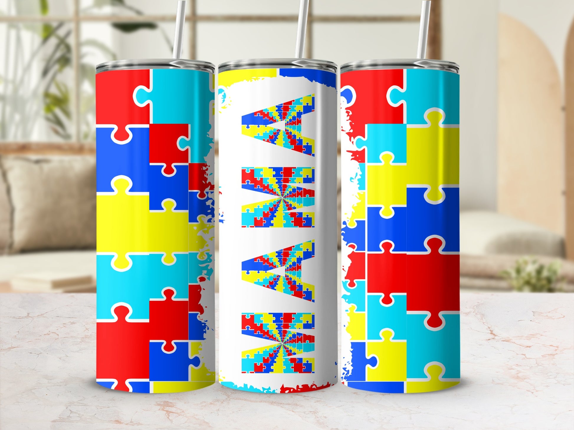 Colorful Puzzle Piece Design Tumbler with Straw