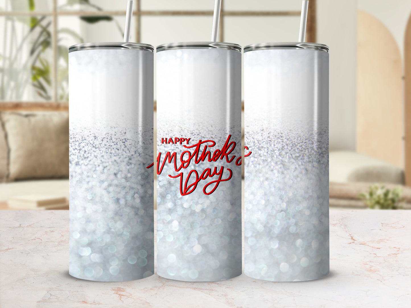 White glitter tumbler with "Happy Mother's Day" text.