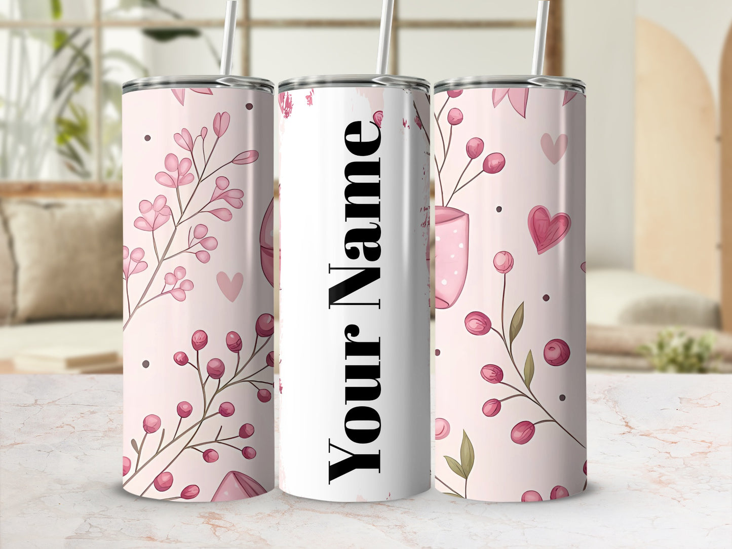 Personalized Floral and Hearts Design Tumbler Cup
