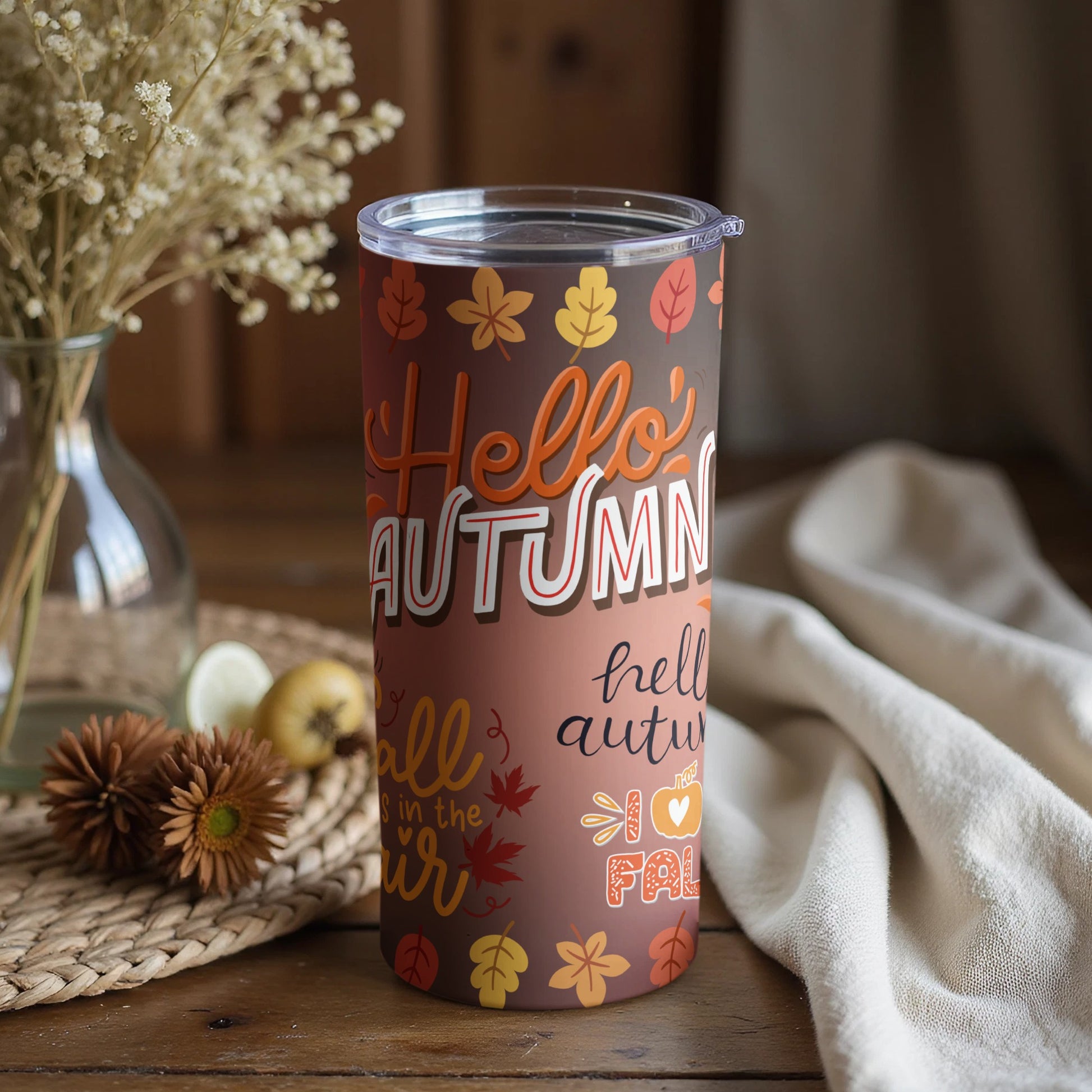 Hello Autumn Fall in the Air I Love Fall travel tumbler
