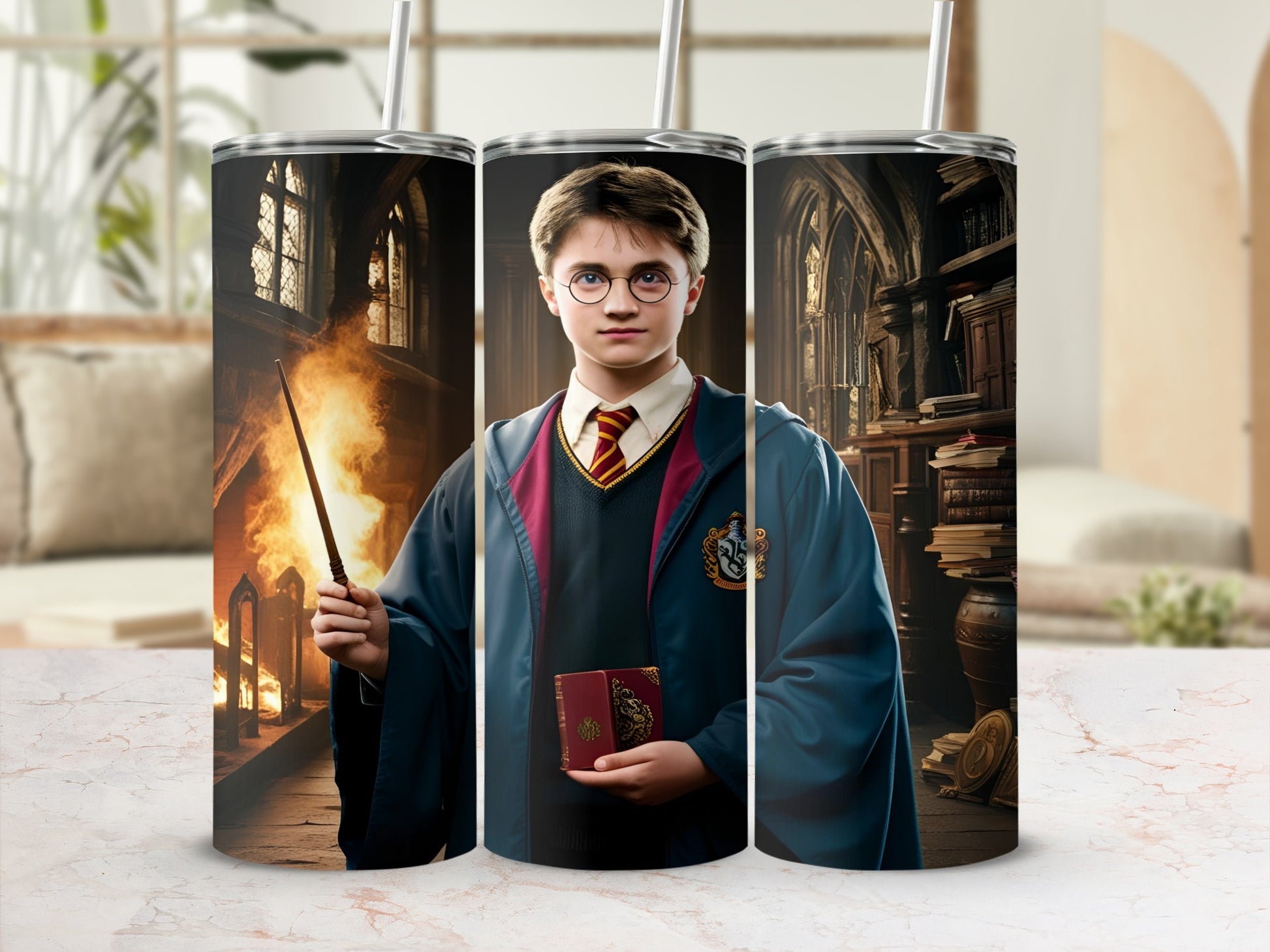 Harry Potter holding a wand and book in Hogwarts library.