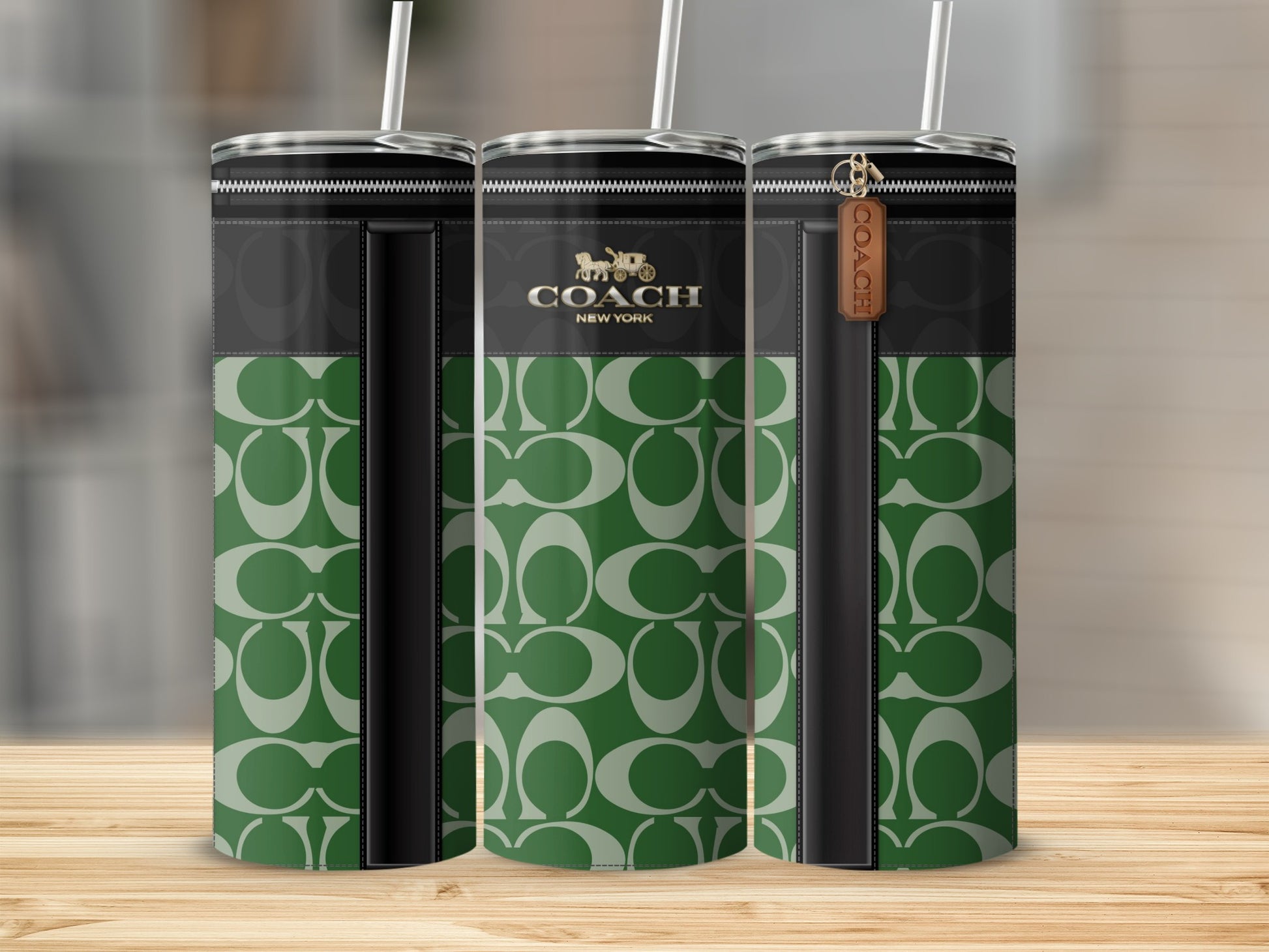 Coach New York Green Patterned Tumbler with Straw