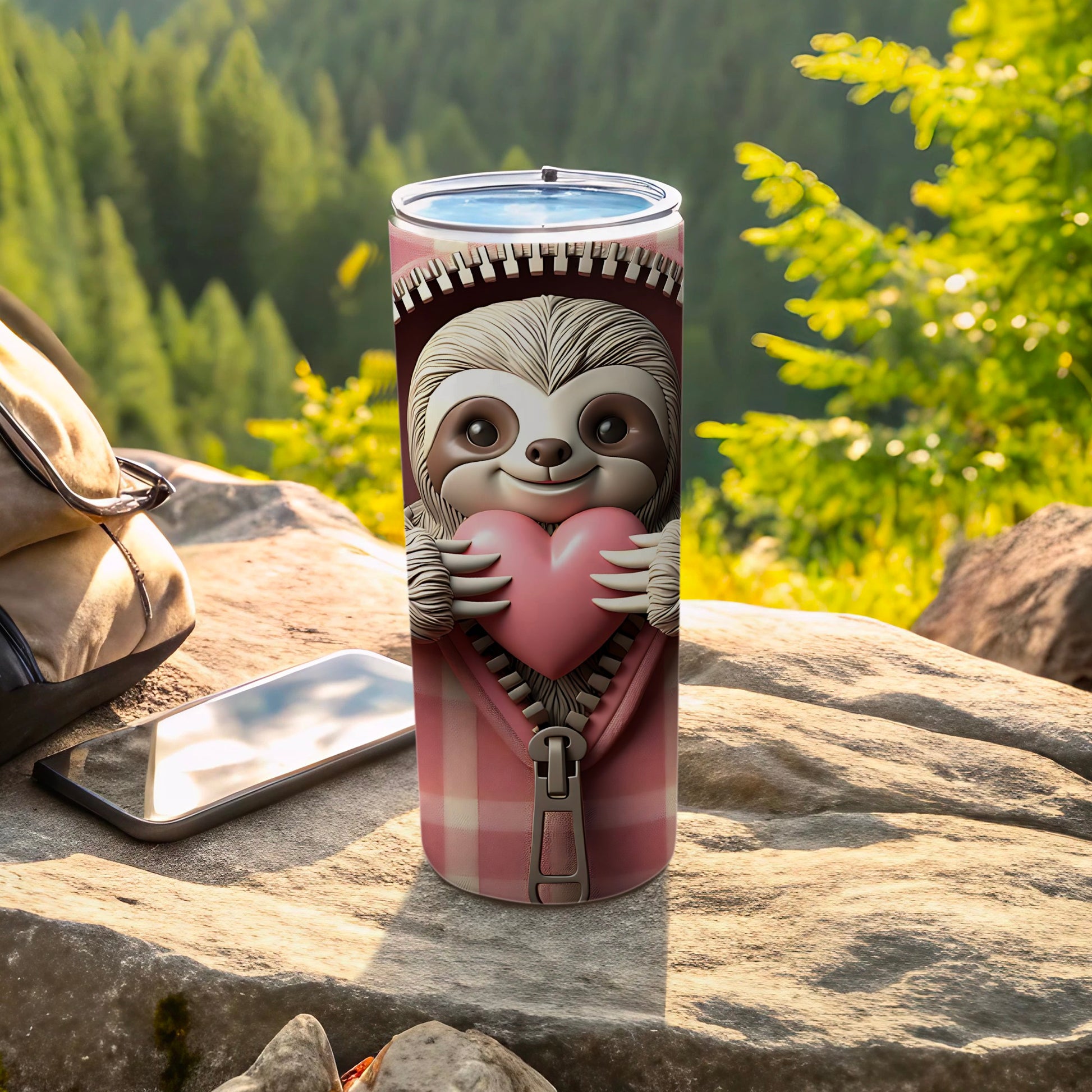Cute sloth holding a pink heart on a zippered pink and white plaid tumbler.