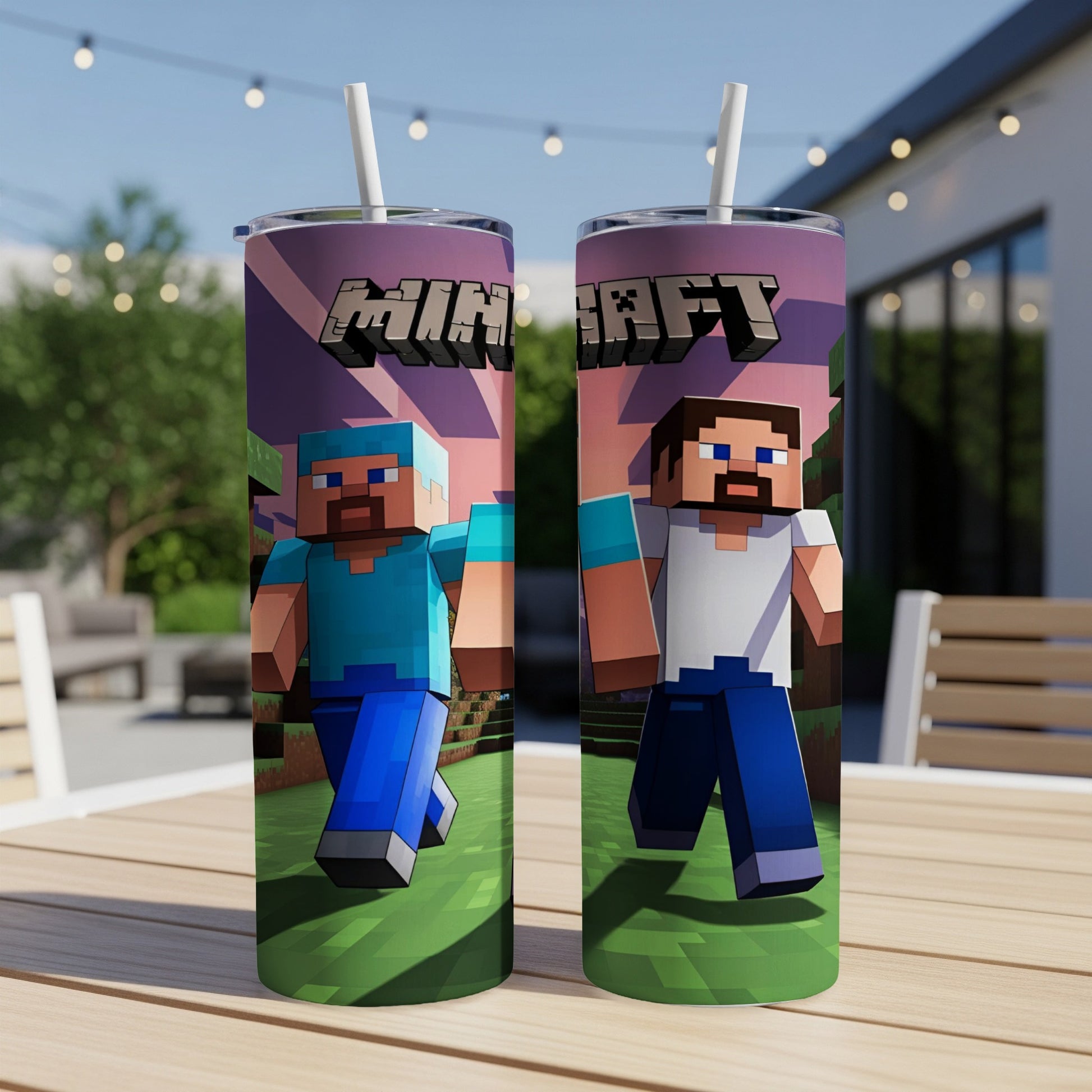 Minecraft characters Steve and Alex on a green background, on two tumblers.