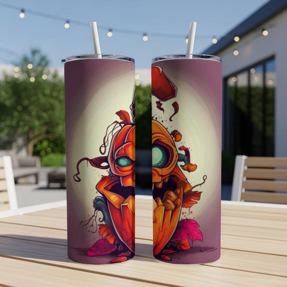 Two tumblers featuring a stylized jack-o'-lantern character with large, glowing eyes and outstretched arms.