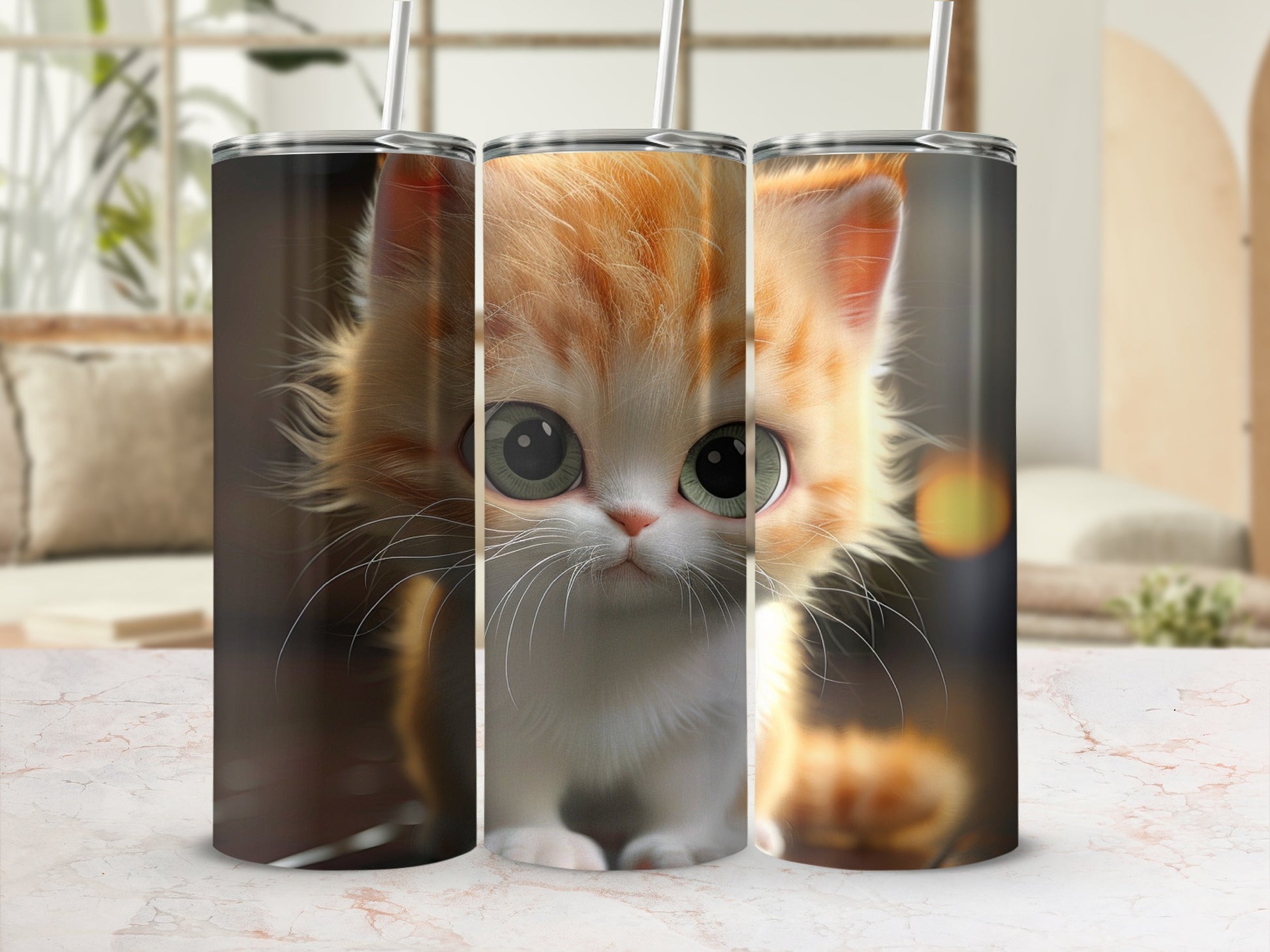 Triptych of a cute ginger kitten on a marble surface.
