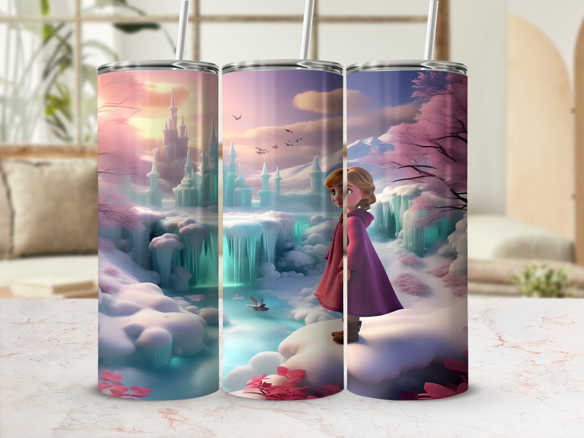 Frozen character Elsa standing in snowy landscape with ice castle background.