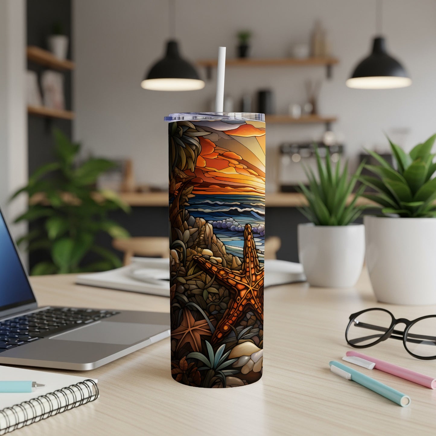 Seascape tumbler with starfish, palm trees, and ocean sunset in stained glass style.