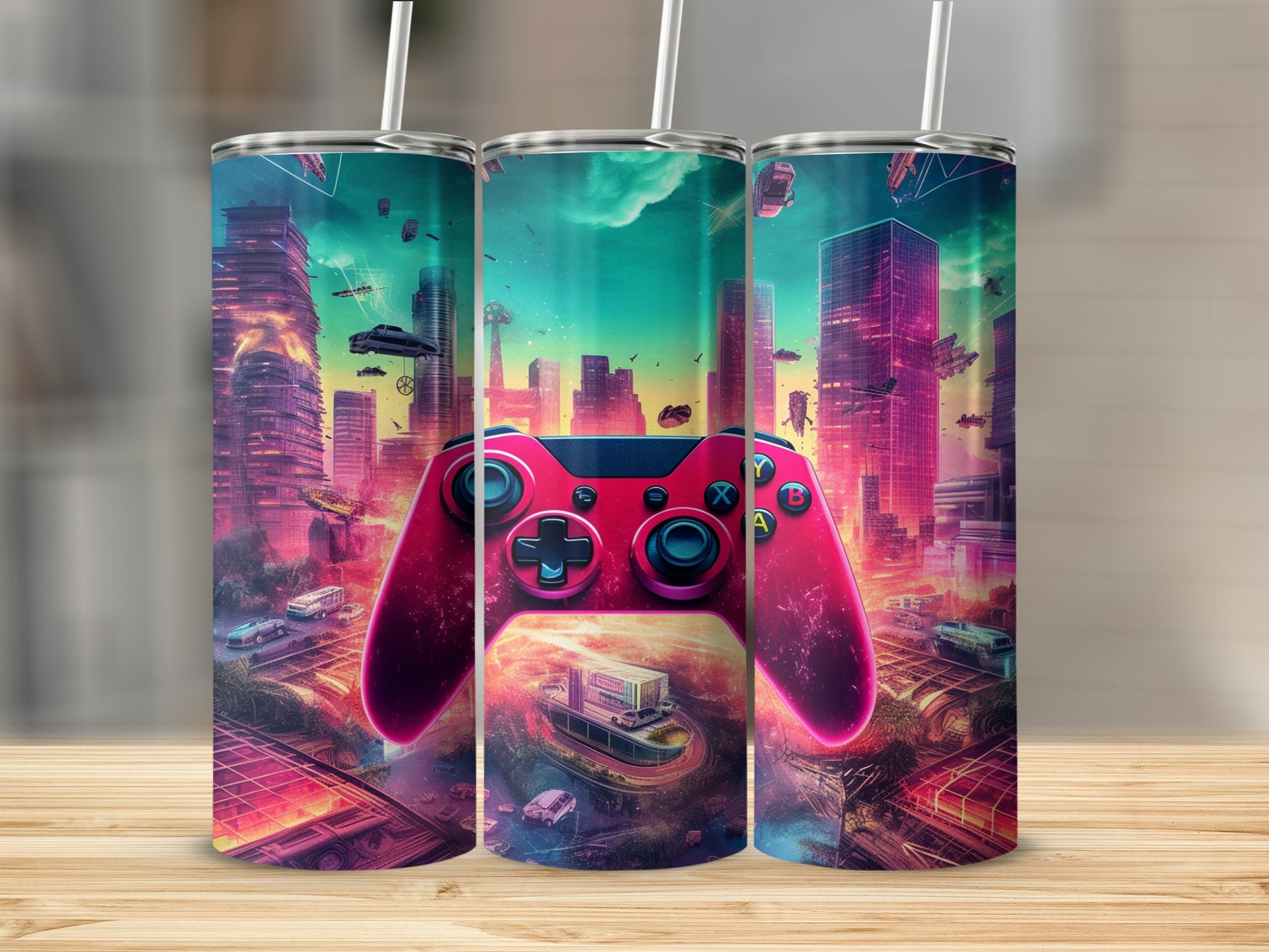 Pink game controller with futuristic cityscape background.