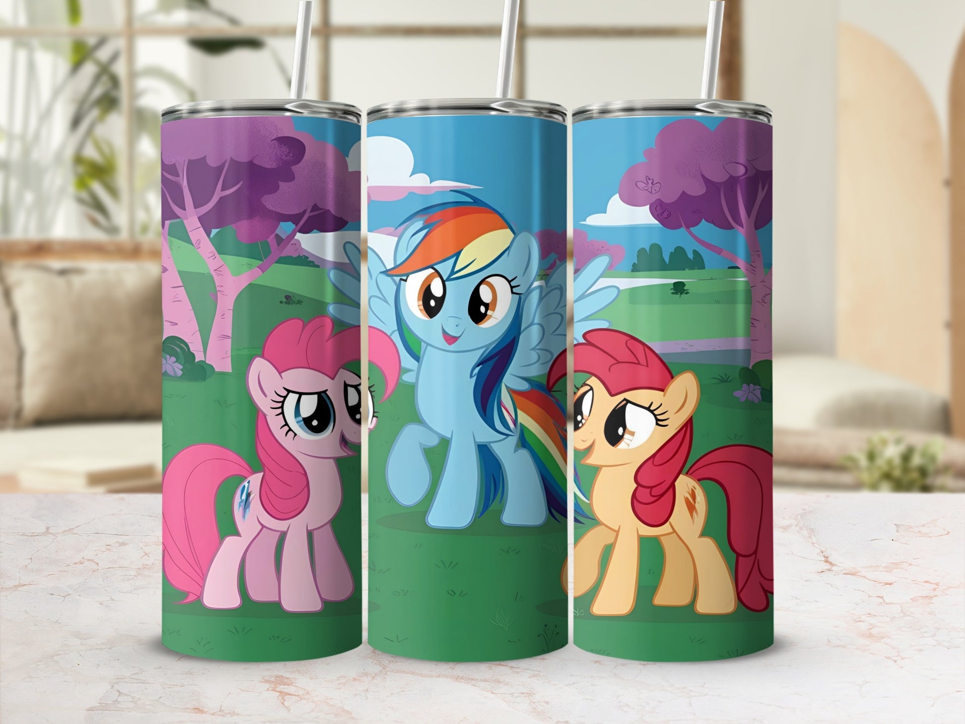 Three My Little Pony characters on a purple background with trees and clouds.