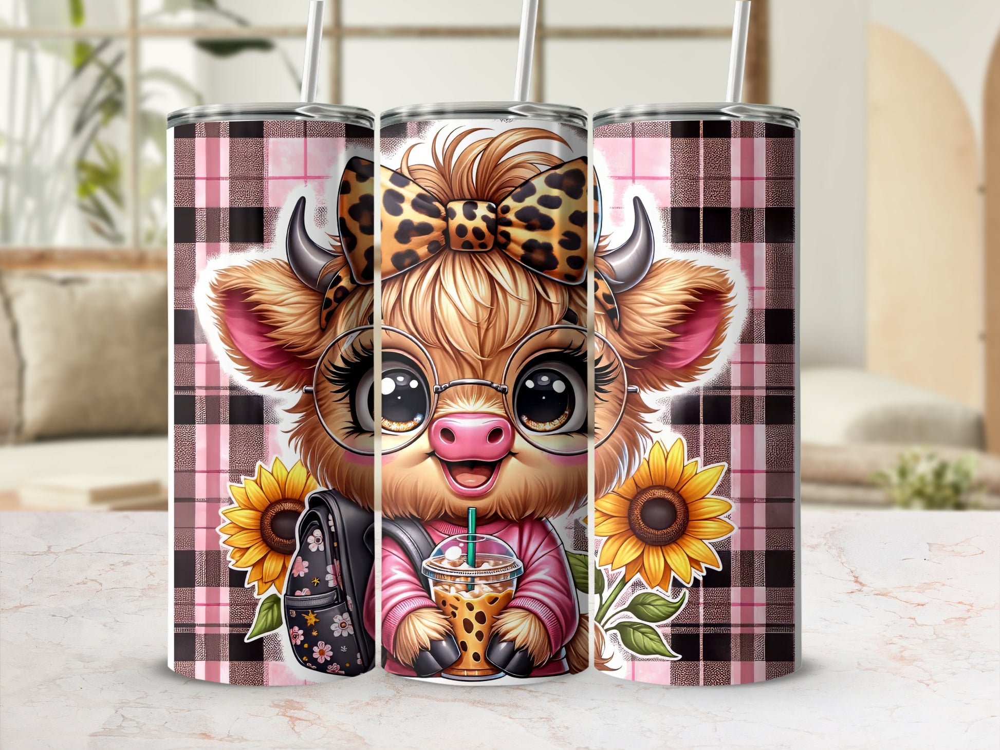 Cute cow with glasses and bow holding a drink, wearing a pink plaid shirt.