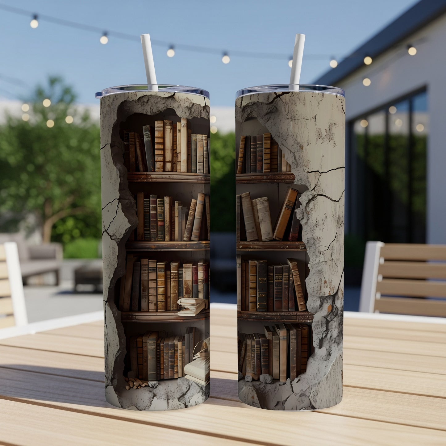 Two tumblers with cracked plaster revealing a bookshelf filled with antique books.