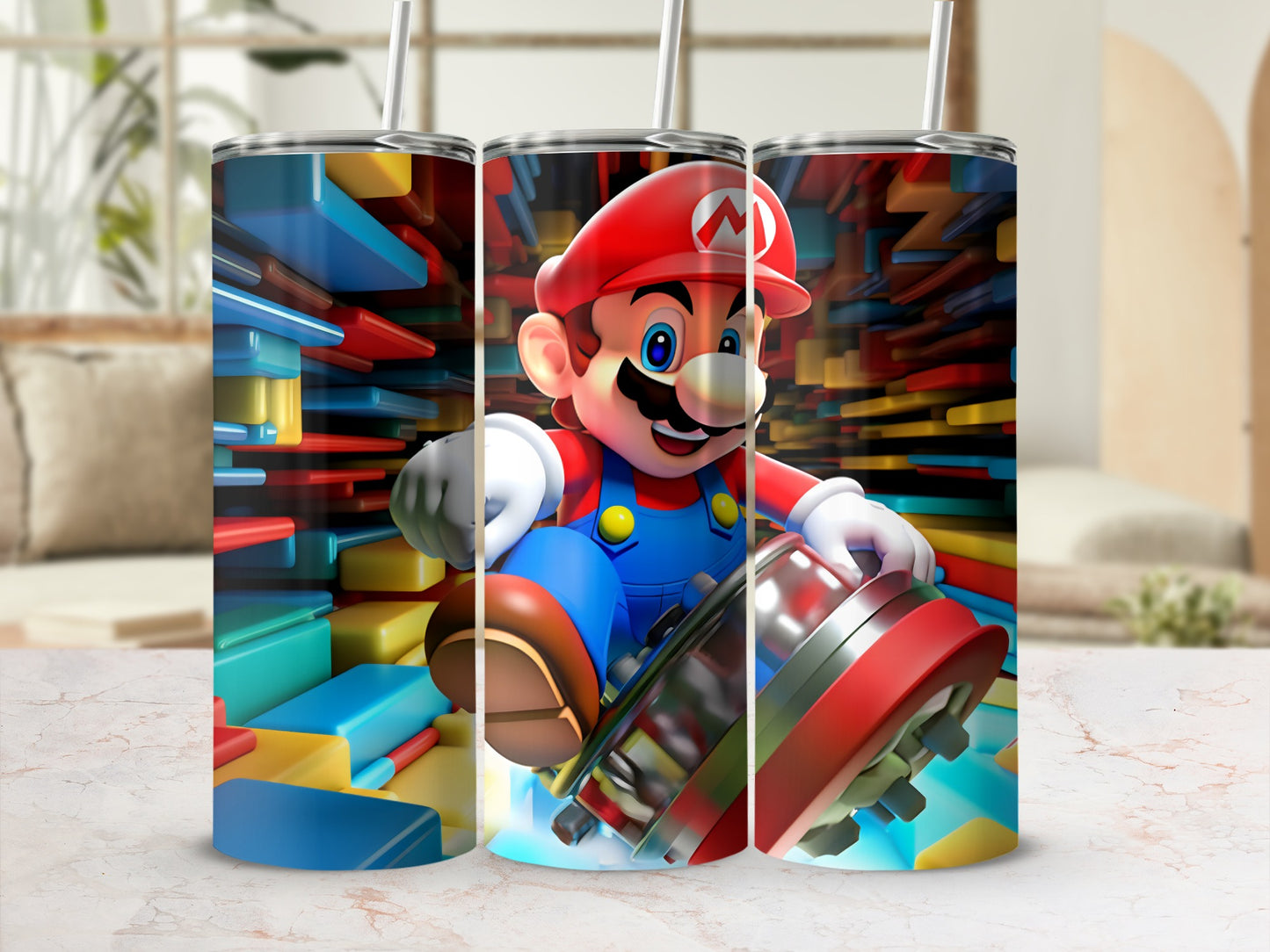 Colorful Super Mario Design Tumbler Cup with Straw