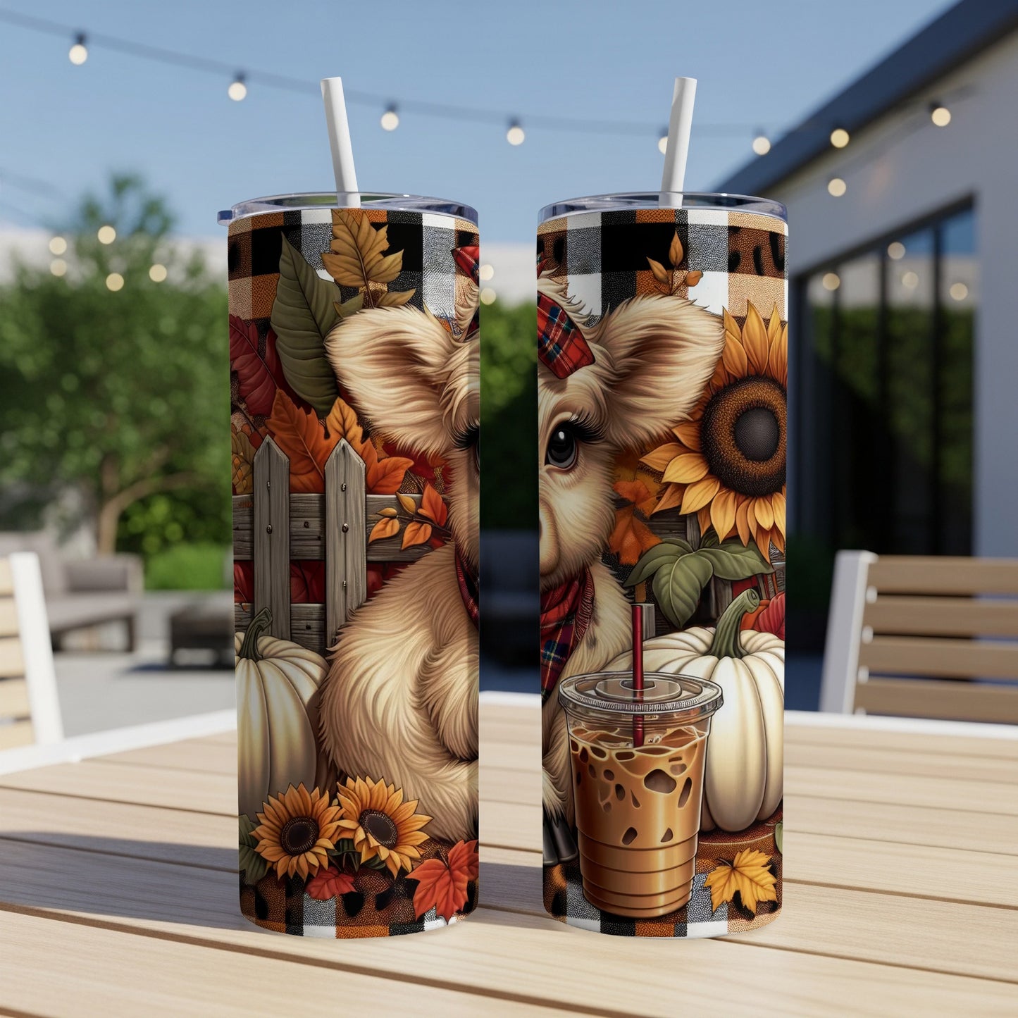 Fall-themed tumbler with cow, pumpkins, sunflowers, and checkered pattern.