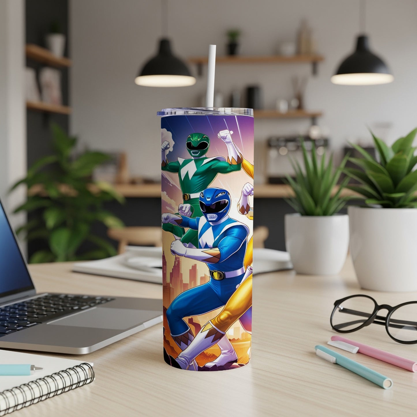 Power Rangers characters on a cityscape background, on a tumbler.