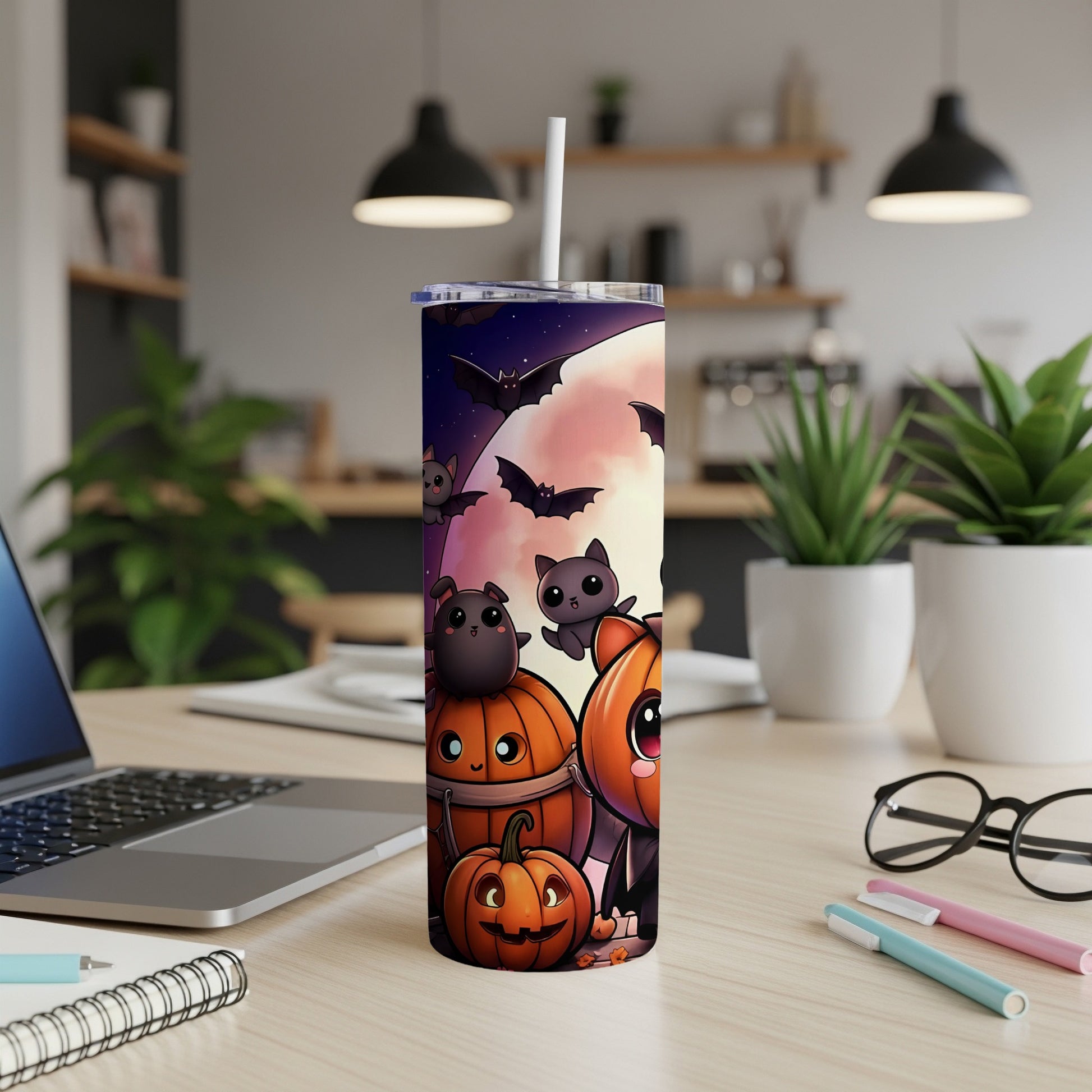 Halloween tumbler with pumpkins, bats, and cute black cats under a large moon.