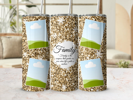 Gold glitter tumblers with snowflakes, photo placeholders, and "Family" quote.