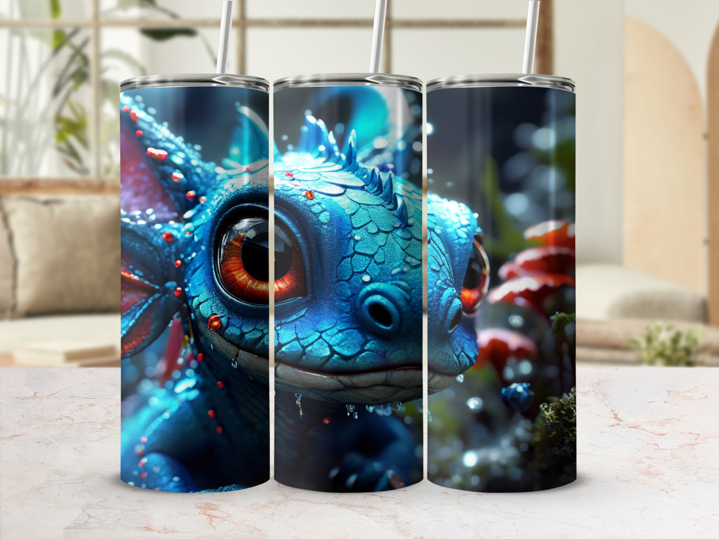 Blue dragon tumbler with large, detailed eyes and scales.