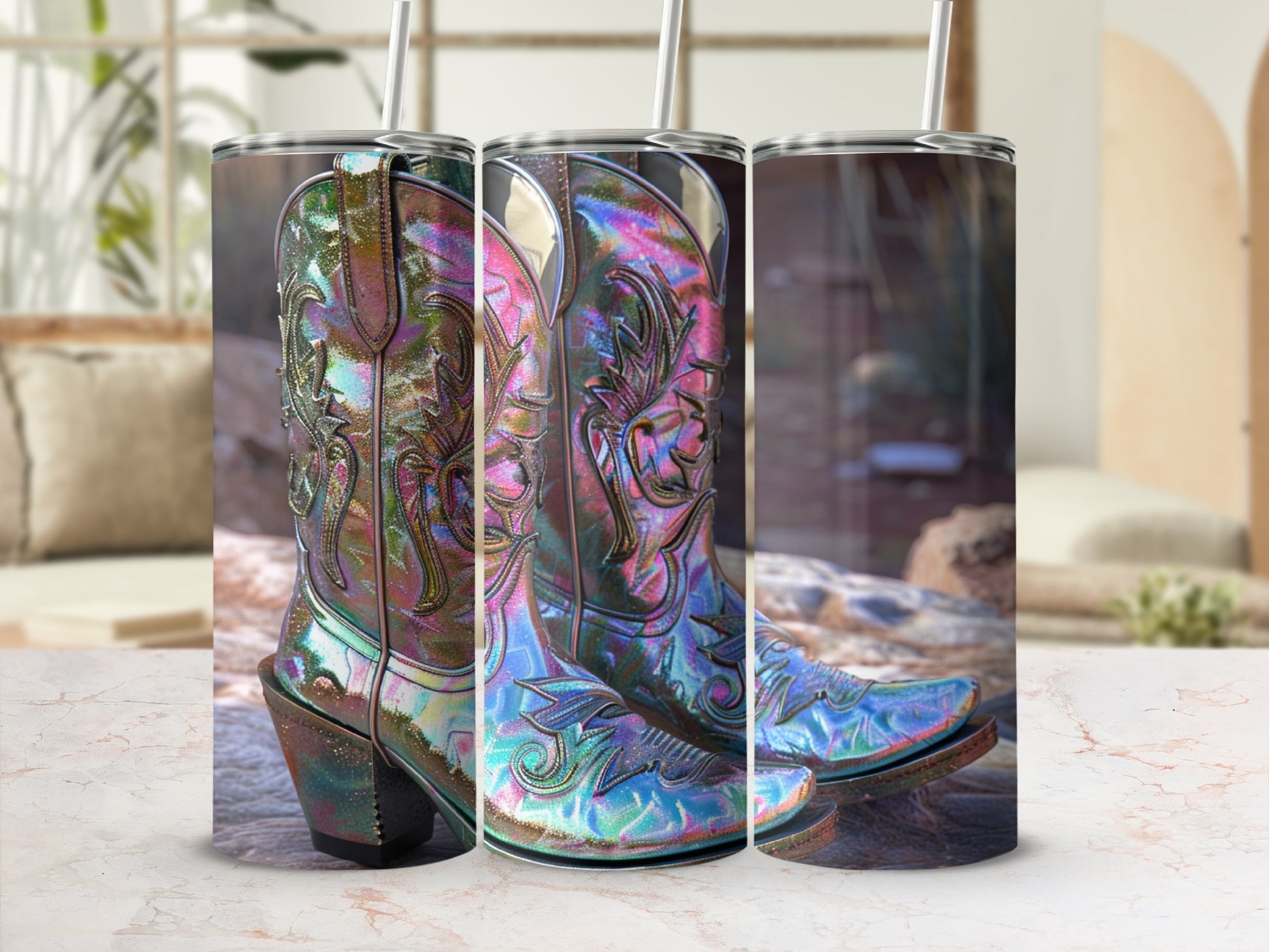 Iridescent cowboy boots with metallic swirls on a marble surface.