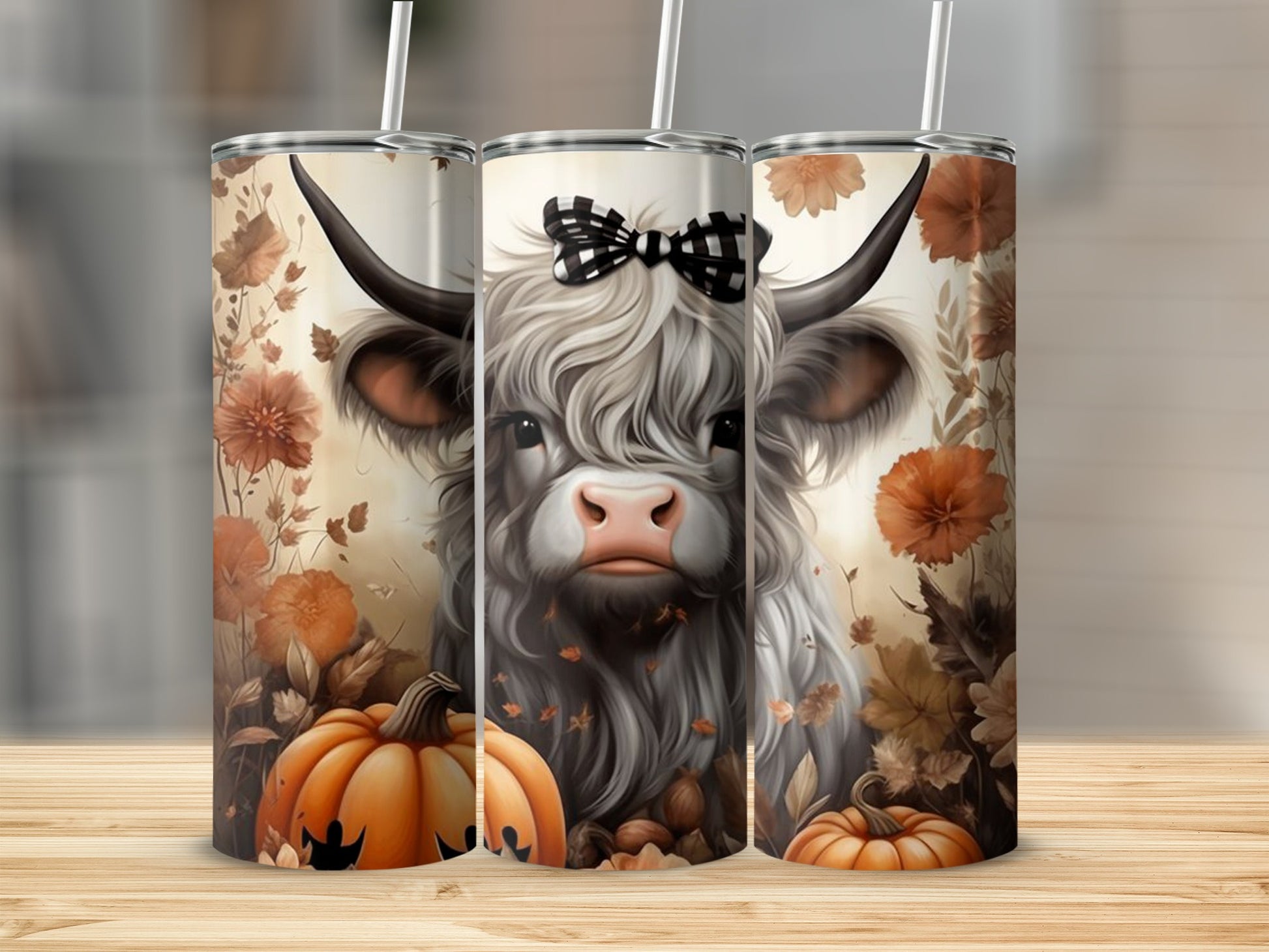 Cute Highland Cow with Pumpkins Autumn Theme Tumbler
