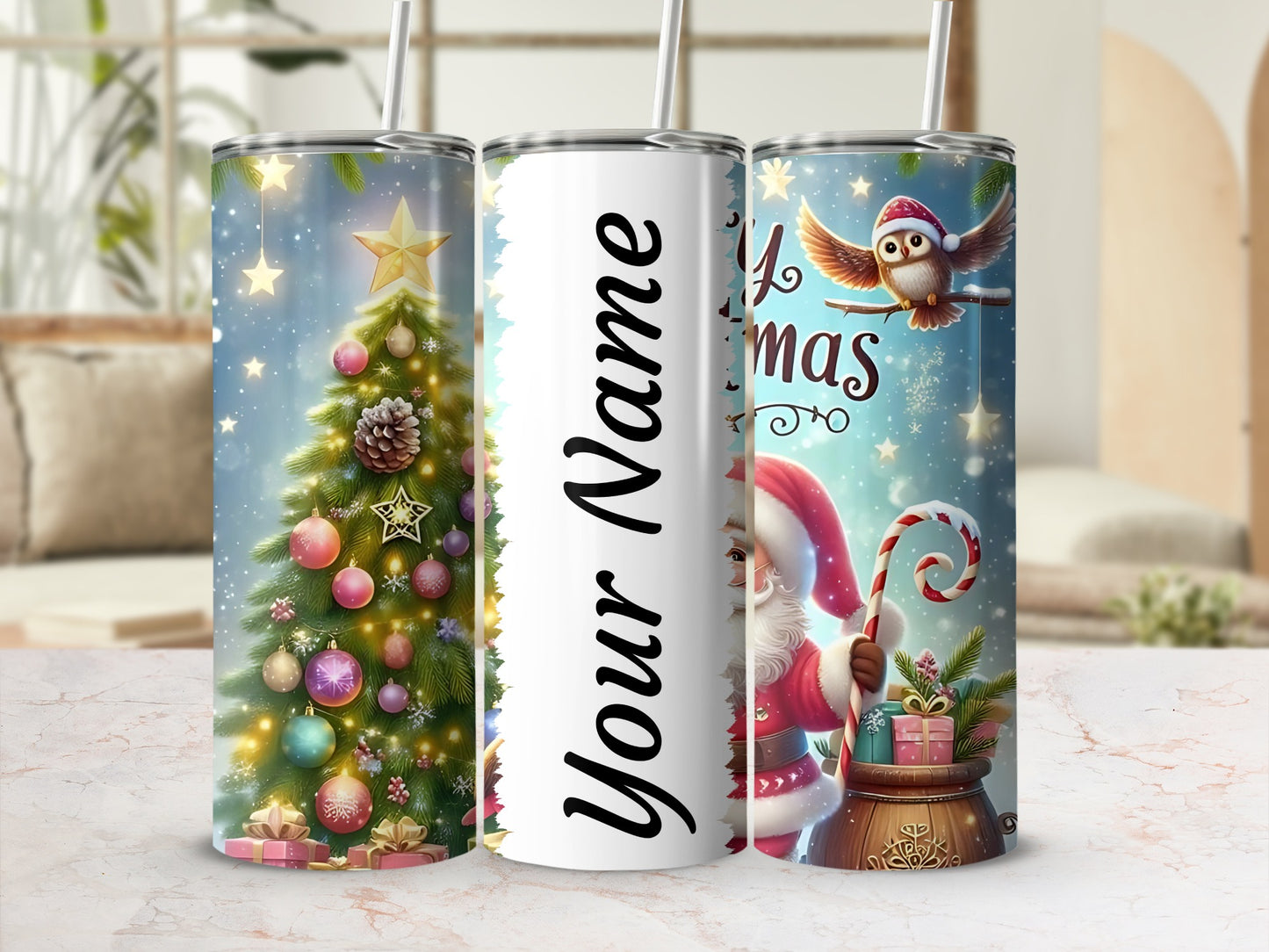 Personalized Christmas Tree Santa Owl Tumbler Cup