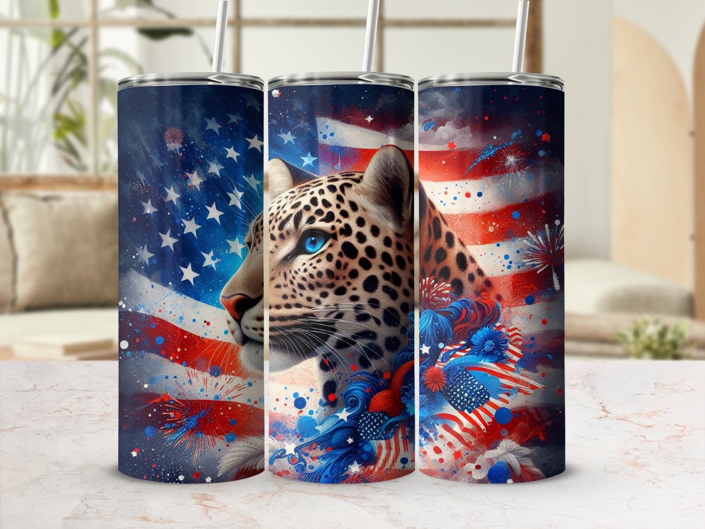 Leopard with American flag design on three tumblers.