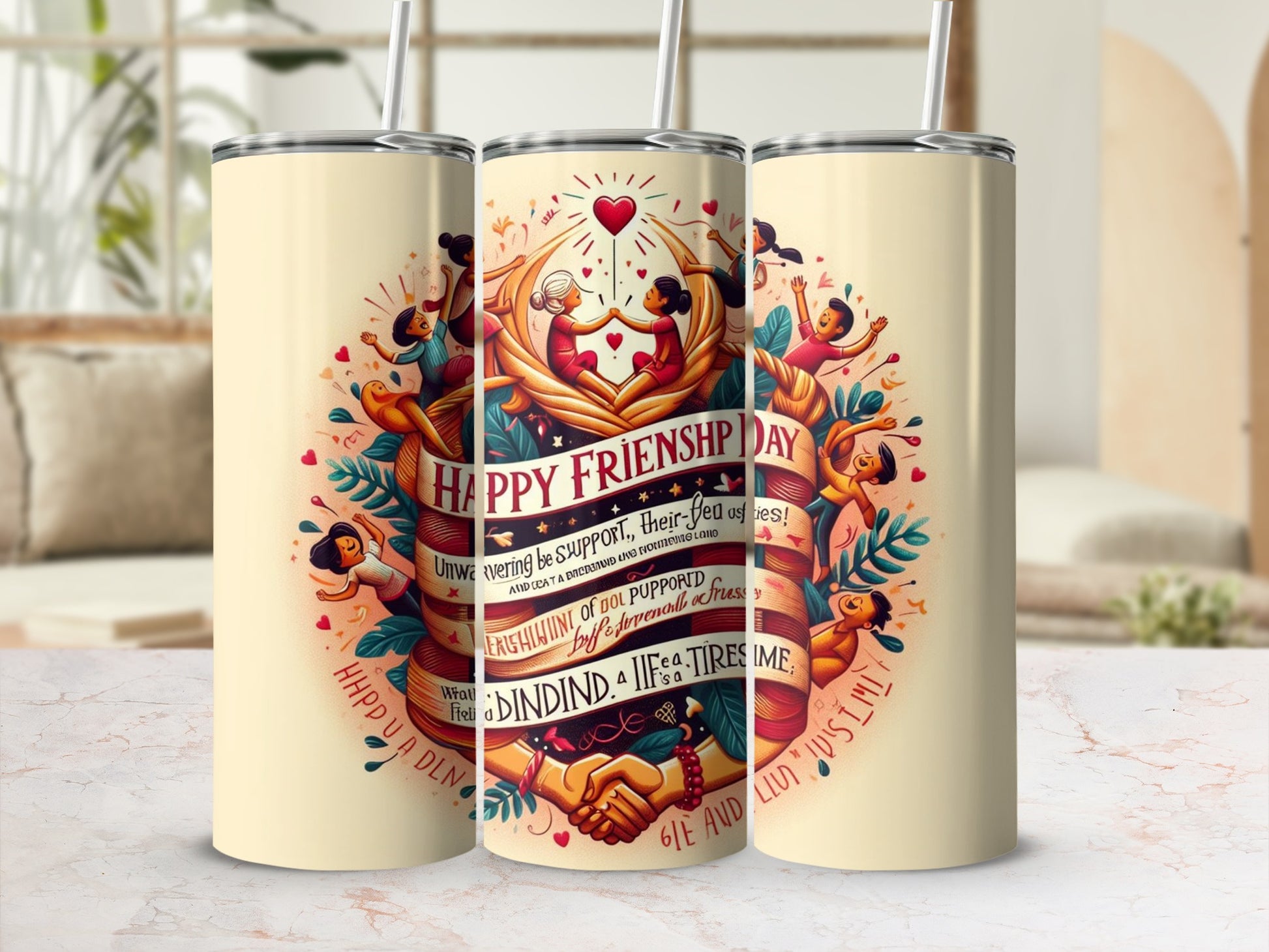 Happy Friendship Day Tumbler with Vibrant Illustration