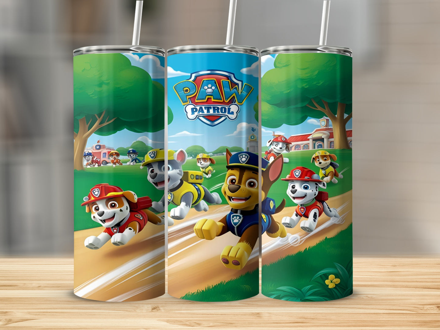 Paw Patrol characters running on a path with trees and buildings in the background.