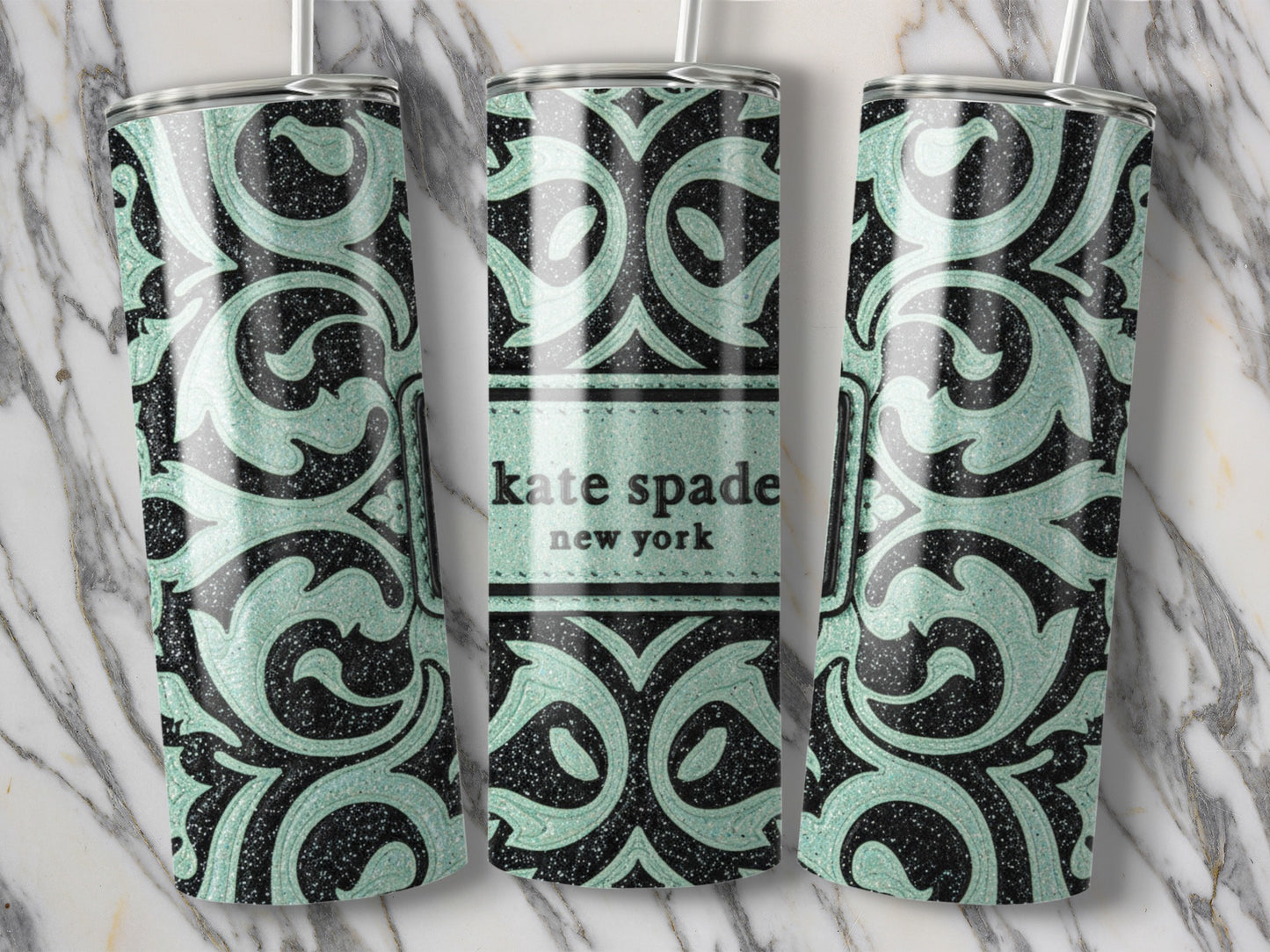 Kate Spade Inspired  New York Black Aqua Floral Tumblers
