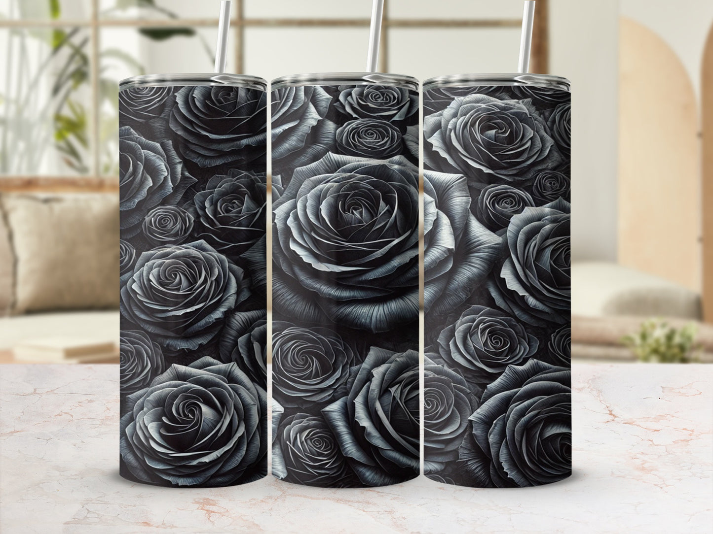 Black and Grey Rose Floral Design Tumbler Product