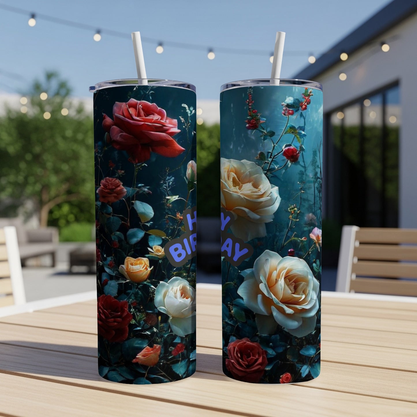 Two tumblers with roses and "Happy Birthday" text in blue.