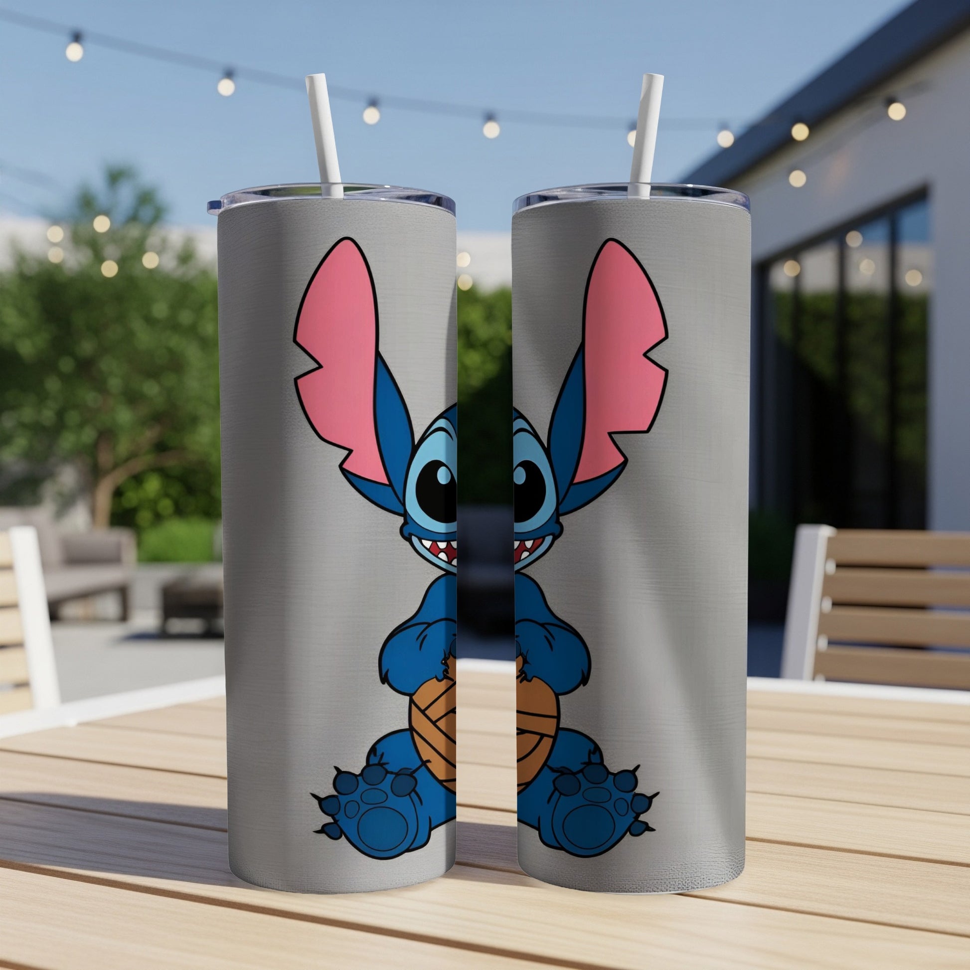Two tumblers featuring Stitch holding a basketball.