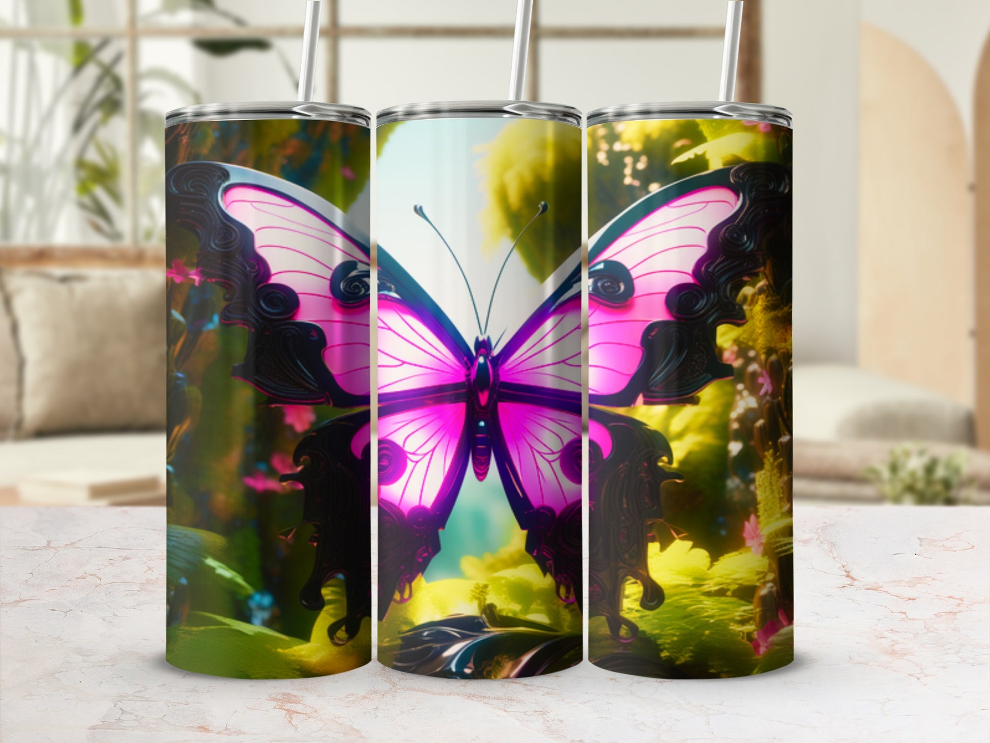 Pink butterfly design on three tumblers with blurred floral background.