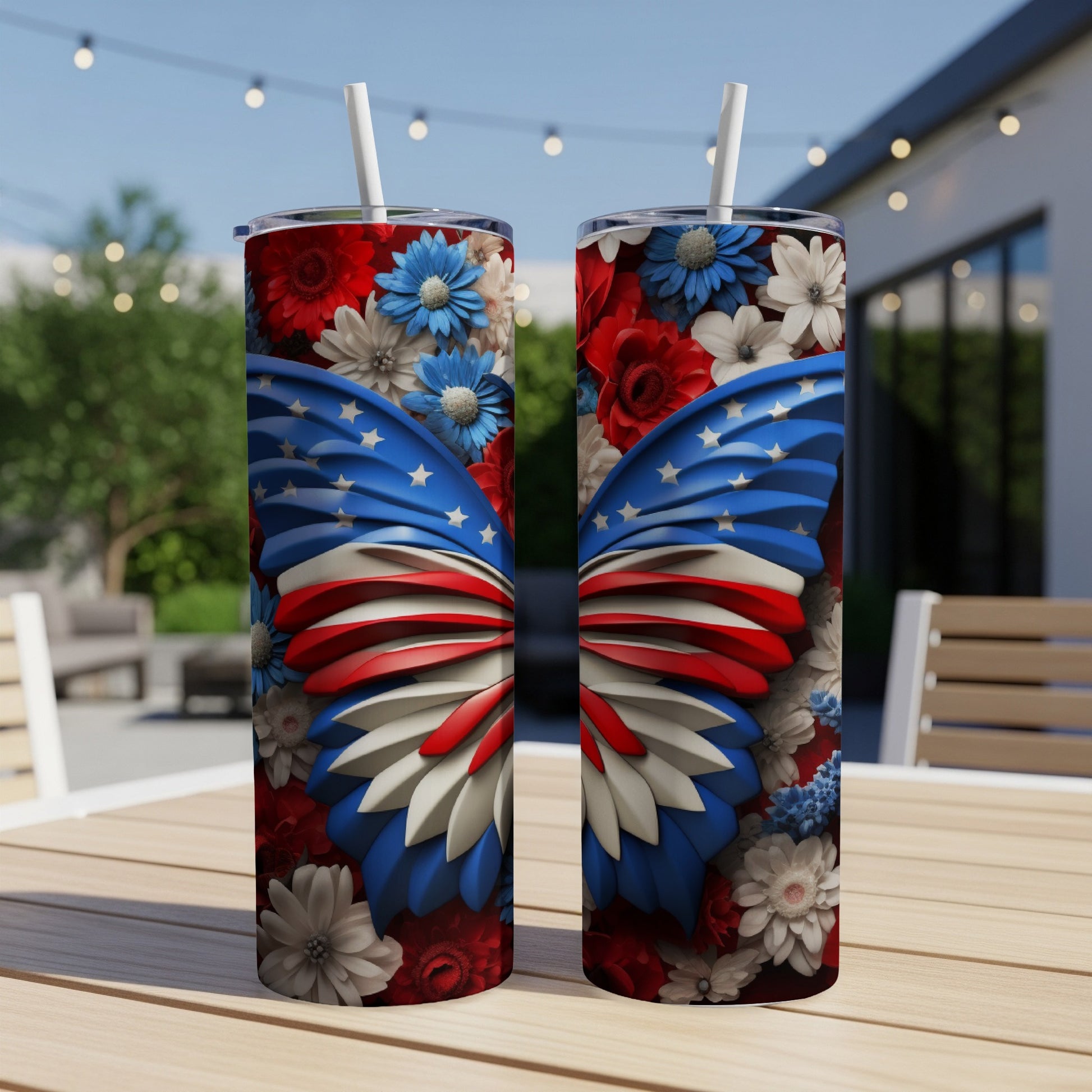 Two tumblers with butterfly wing design featuring American flag colors and floral accents.