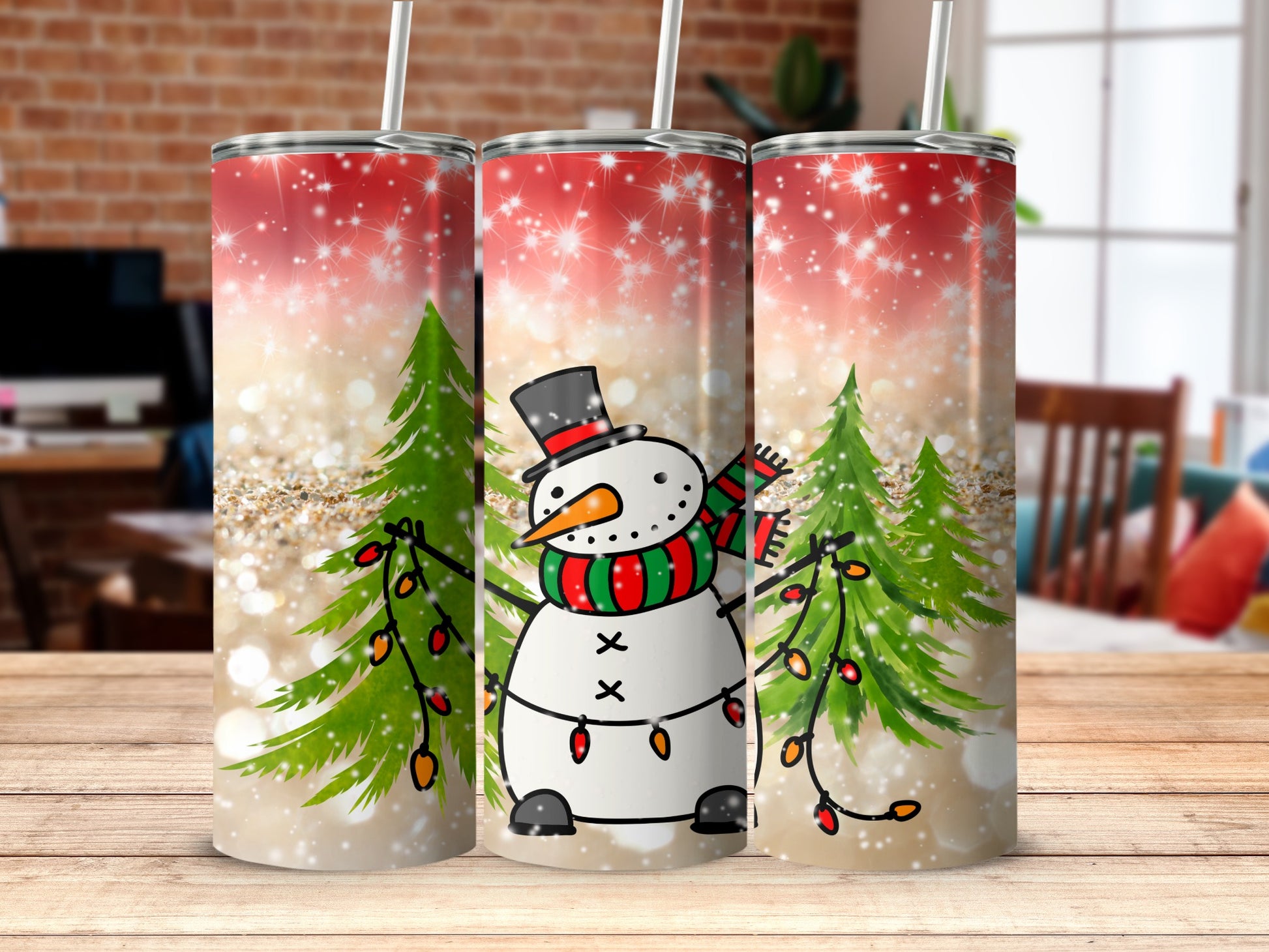 Snowman with colorful Christmas lights and trees on a sparkly background.