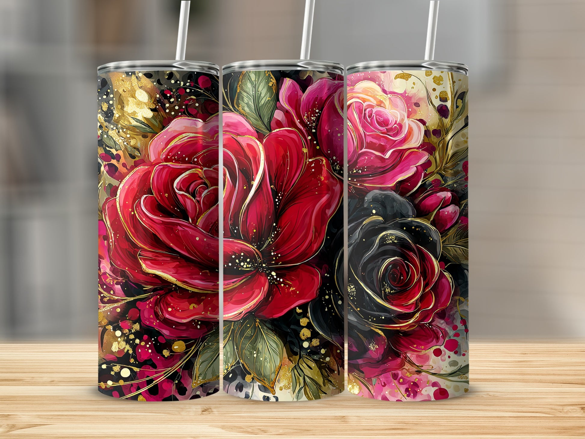 Vibrant Artistic Floral Tumblers with Bold Red Roses