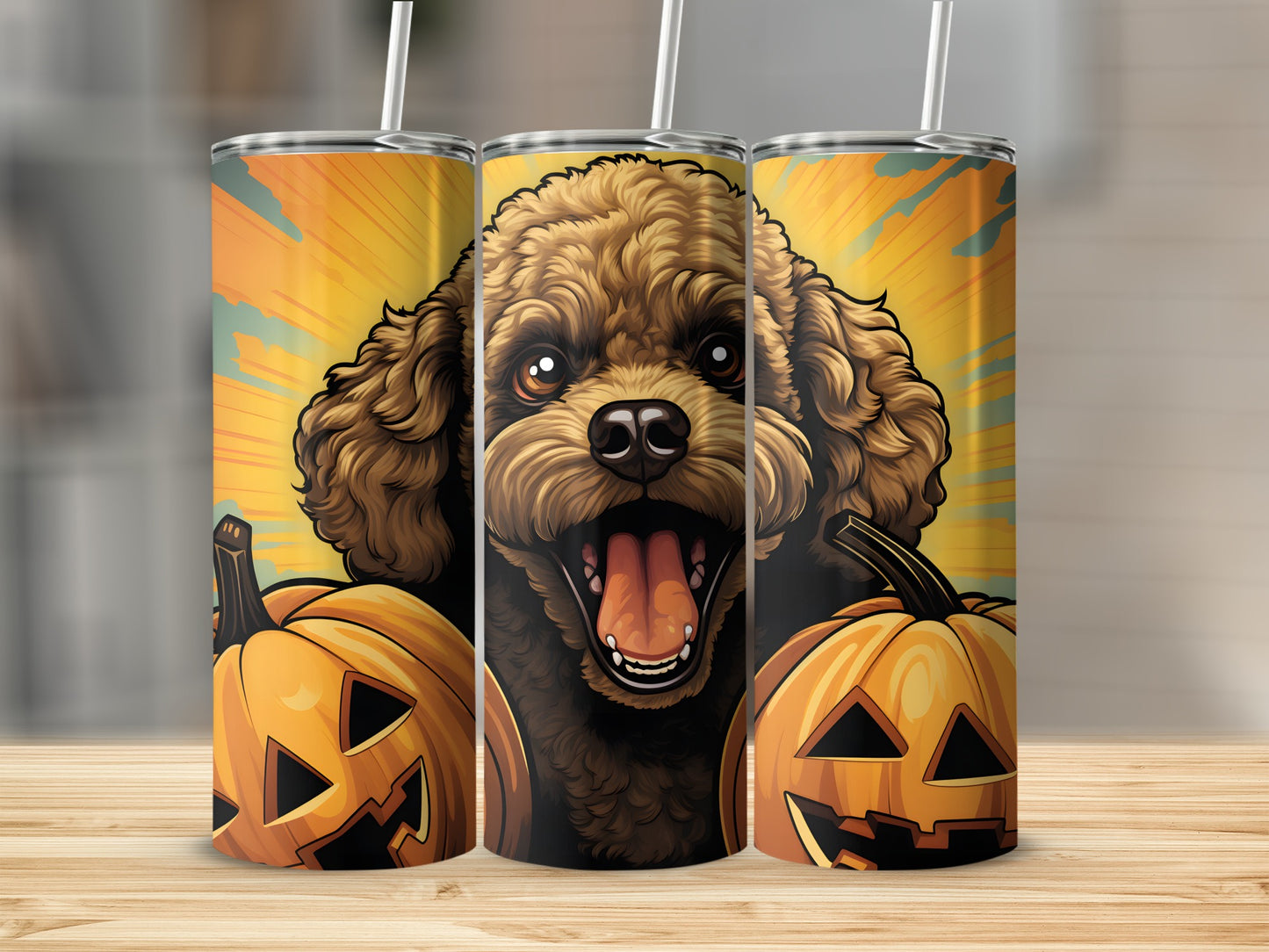 Tumbler with a brown dog and jack-o'-lanterns on a yellow background.