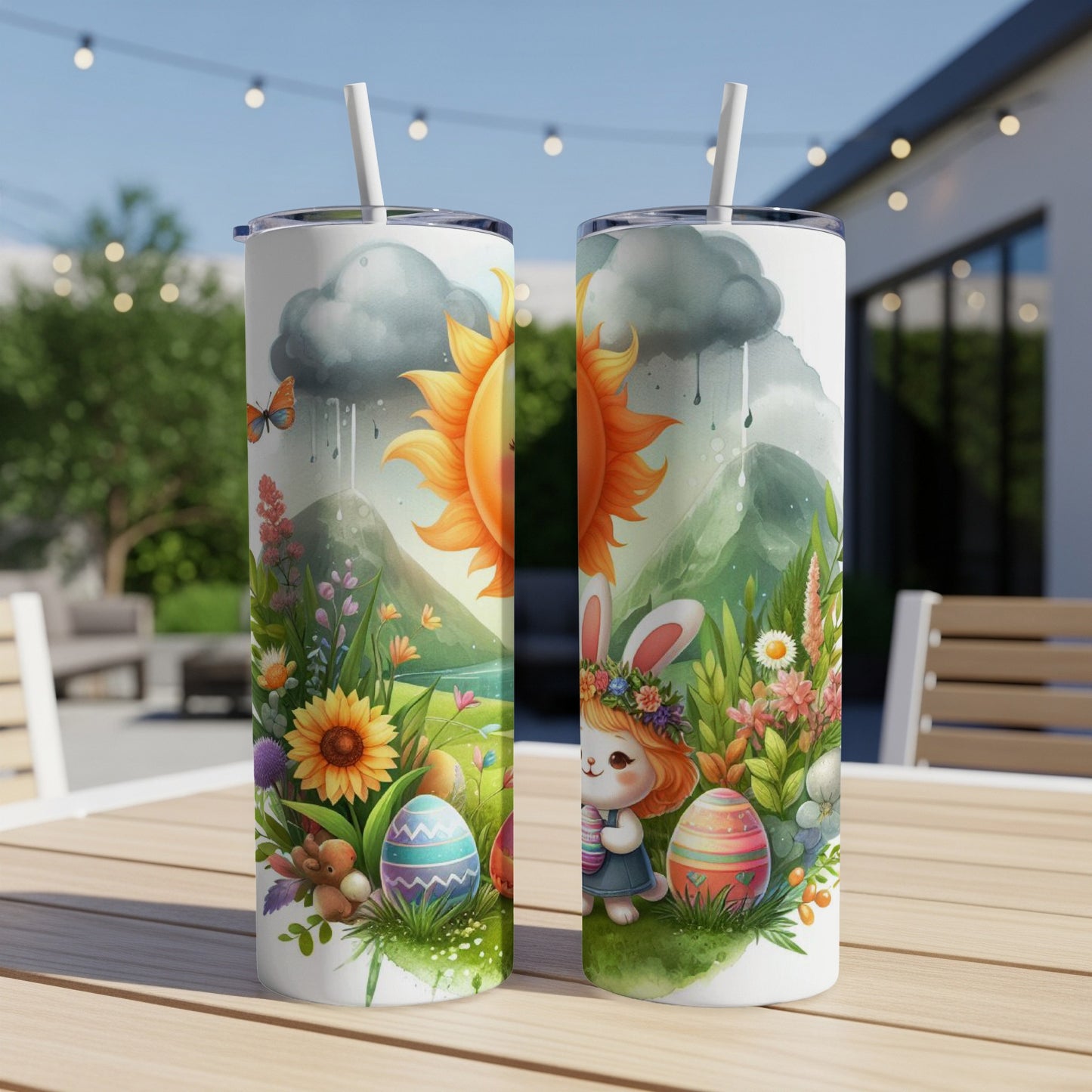 Easter bunny with colorful eggs and sunflowers on a tumbler.