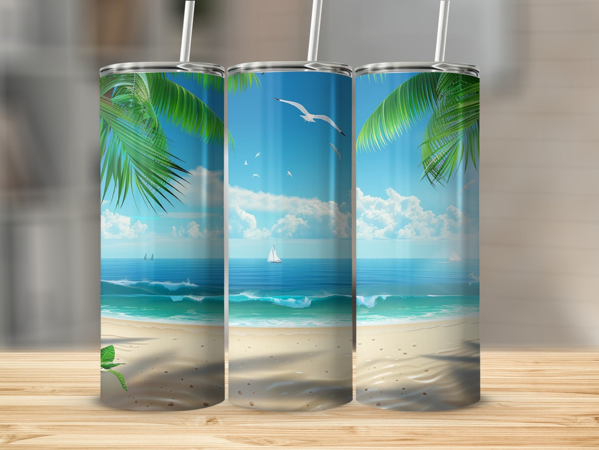 Beach scene with palm trees, ocean, sailboat, and white seagulls.