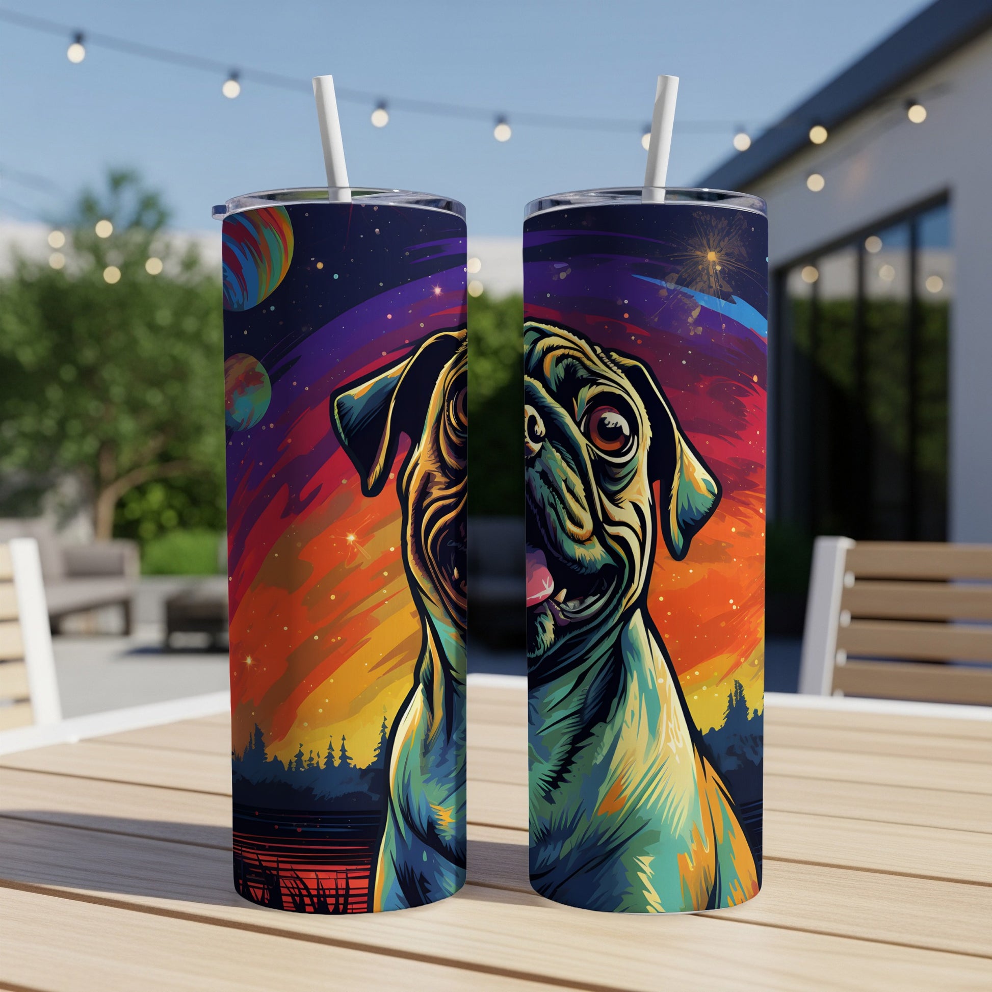 Two tumblers with colorful pug face and space scene designs.