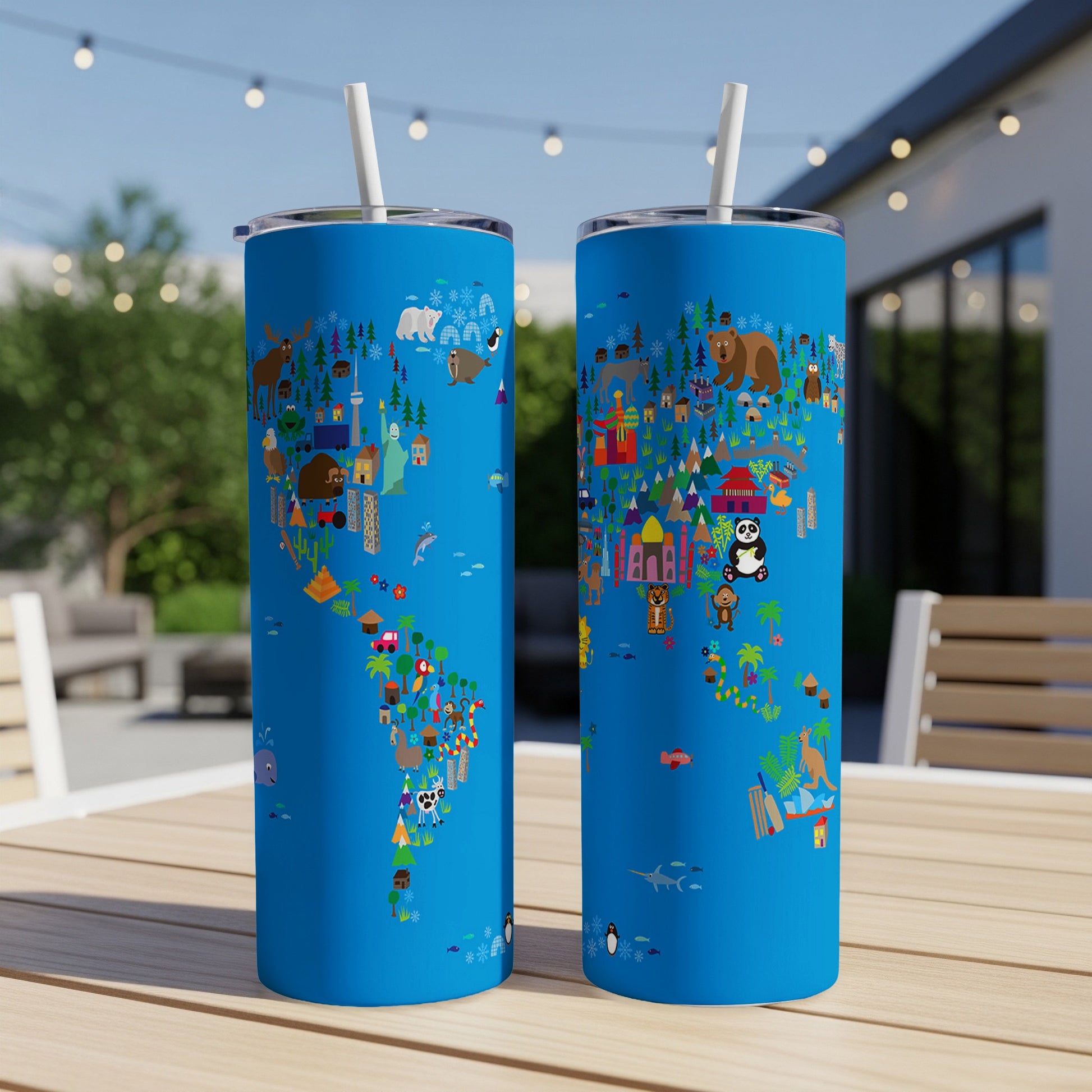 Blue tumblers with world map designs featuring animals, landmarks, and buildings.