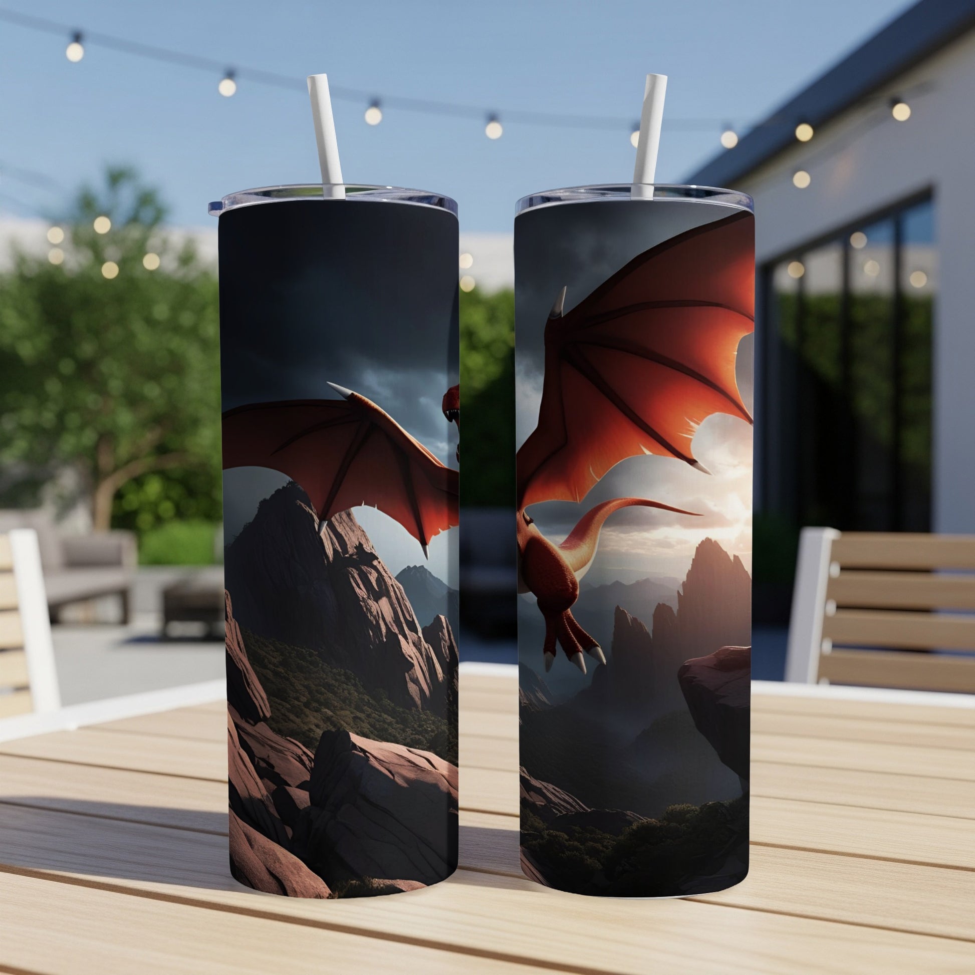 Dragon in flight over rocky mountains, printed on two tumblers.