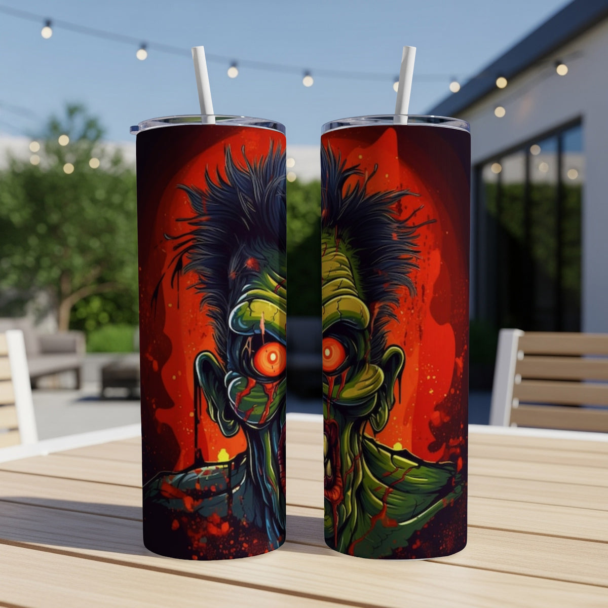 Two tumblers feature a close-up illustration of a green zombie with wild hair and red eyes.