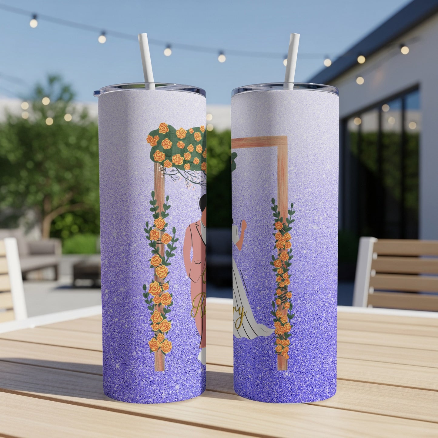 Two tumblers with a wedding couple illustration and floral accents.