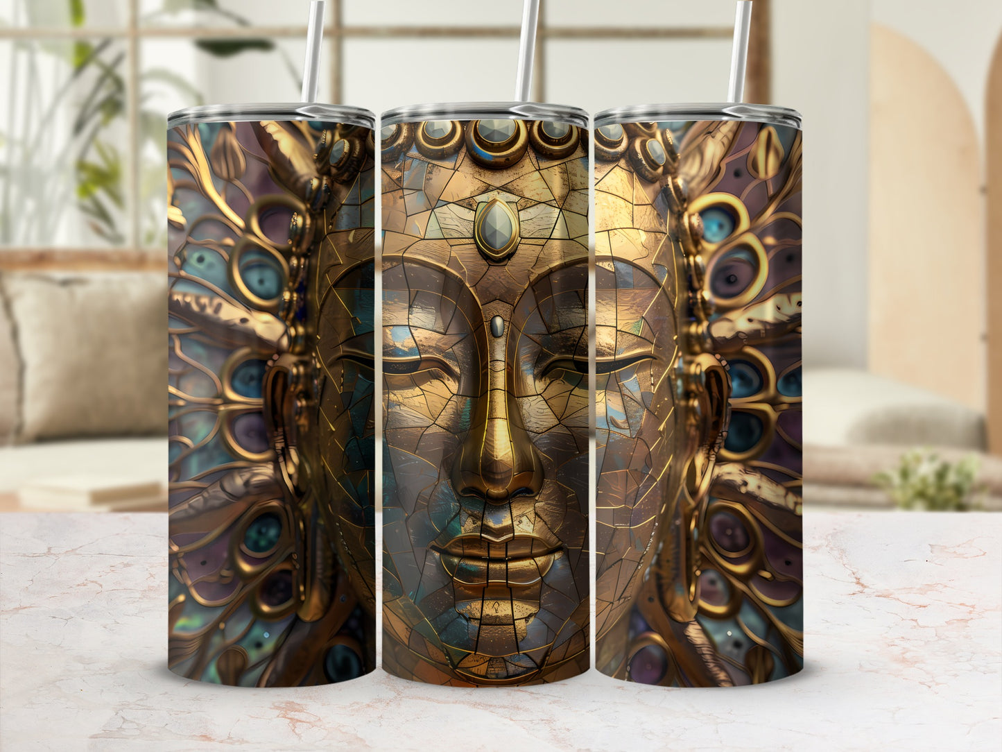 Three tumblers featuring a golden Buddha face with intricate blue and purple mosaic details.
