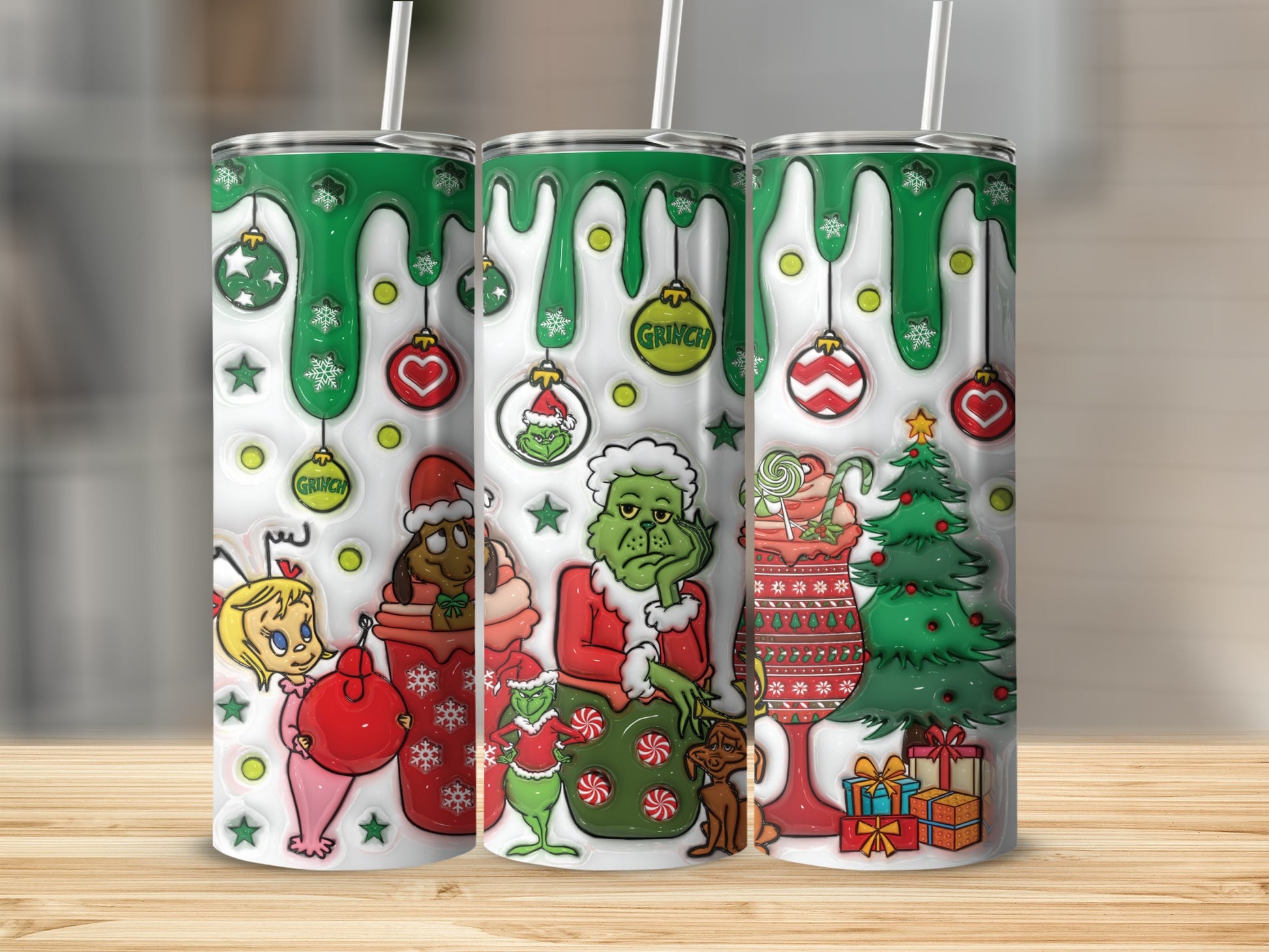 Christmas Green Drip Grinch Themed Tumbler Holiday Cup