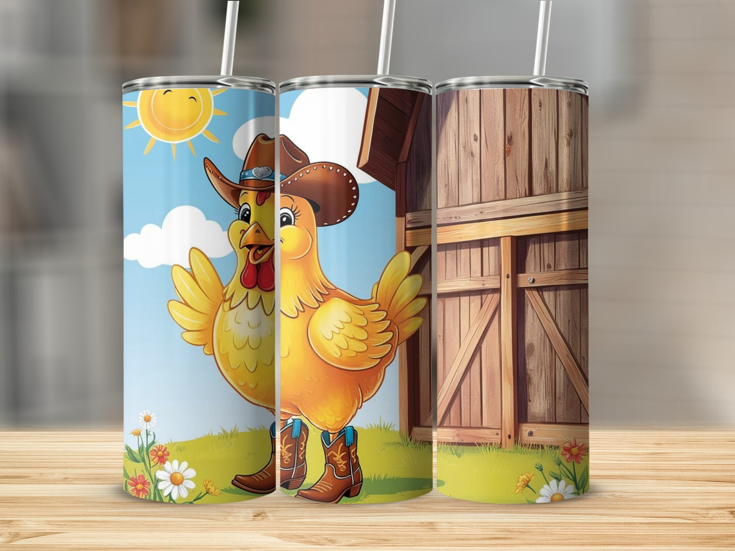 Cartoon Cowboy Chicken with Barn Slim Tumbler Product
