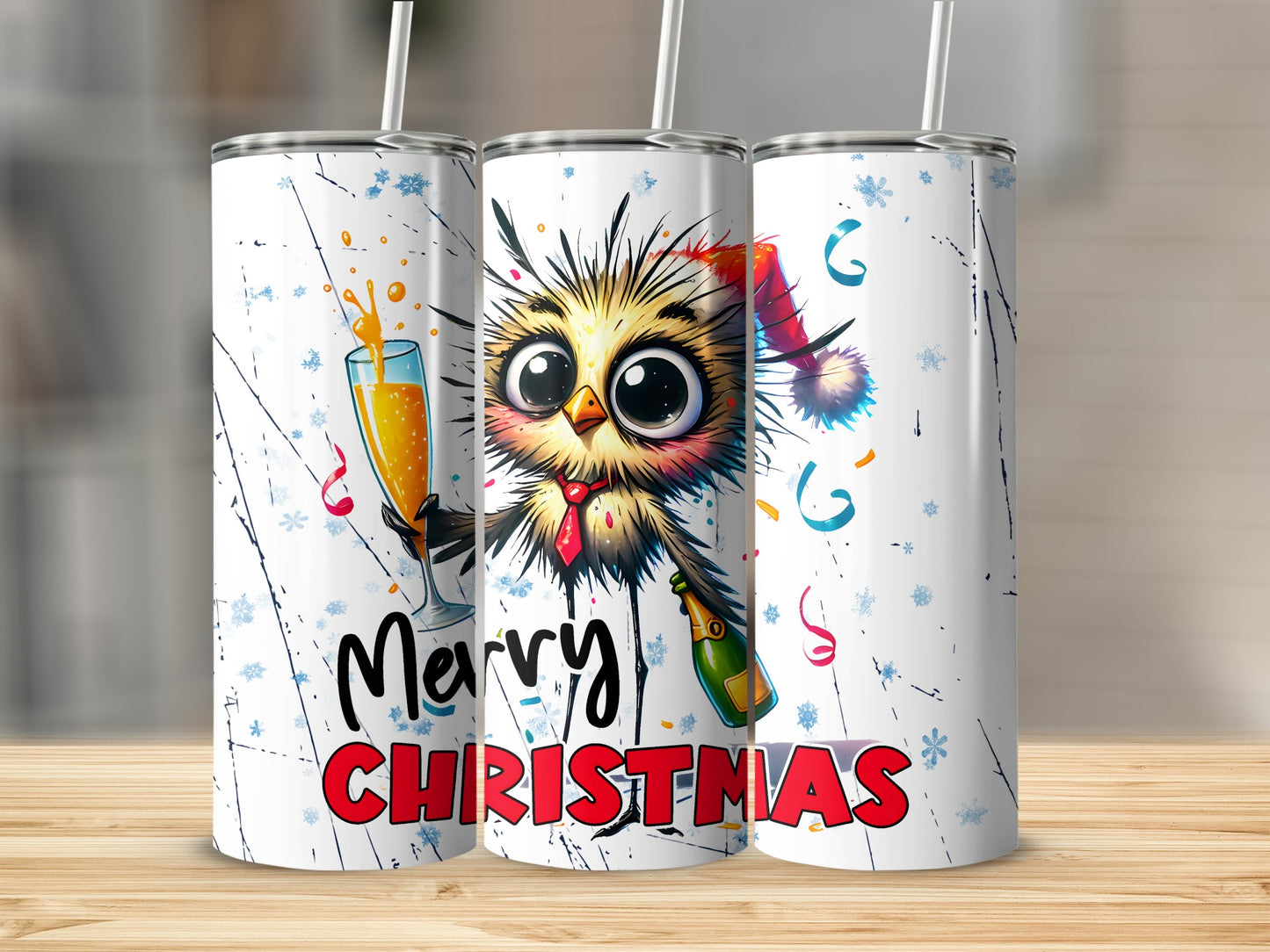 Owl in Santa hat holding champagne, Merry Christmas text.