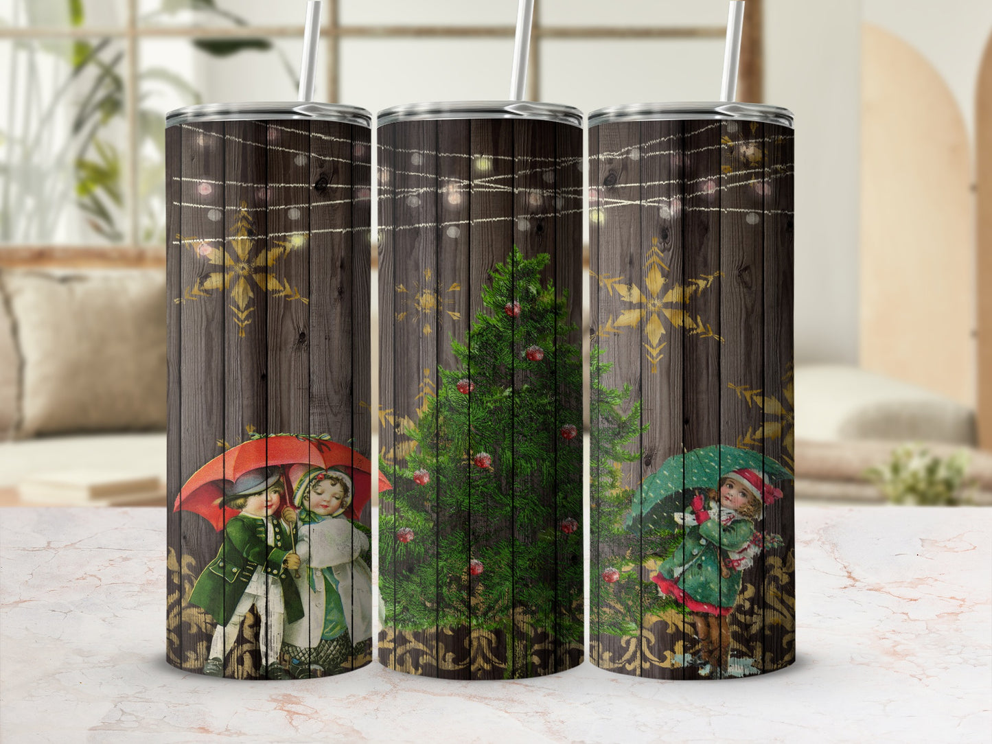Christmas tumbler with vintage children holding umbrellas and a festive tree.