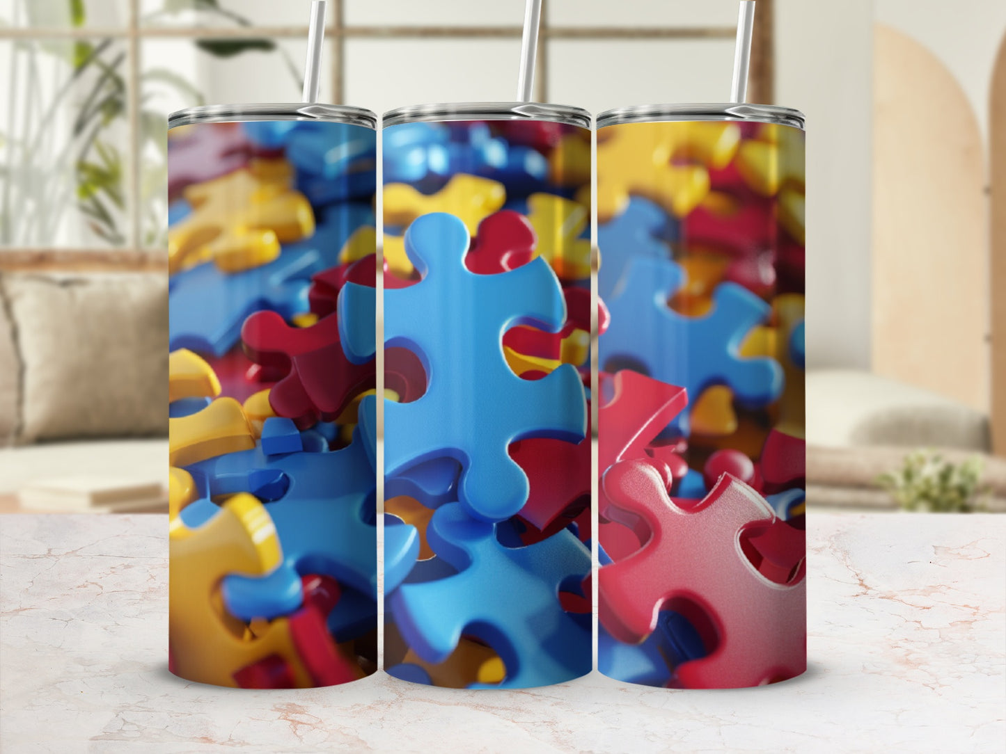 Three tumblers featuring a colorful, close-up puzzle piece pattern.